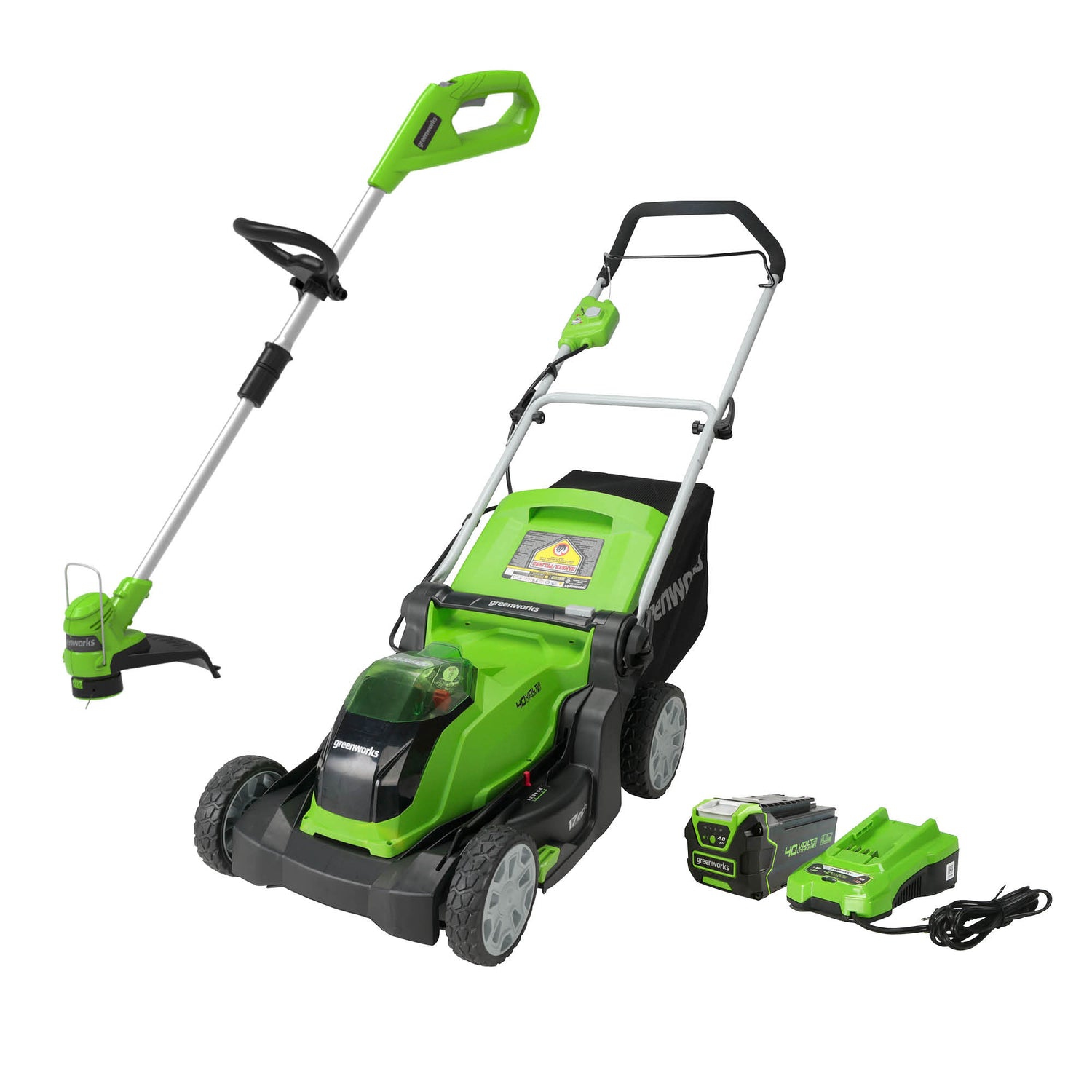 Greenworks 40V 17" Push Lawn Mower & 40V 12" String Trimmer Combo Kit, 4.0Ah Battery and Charger Included