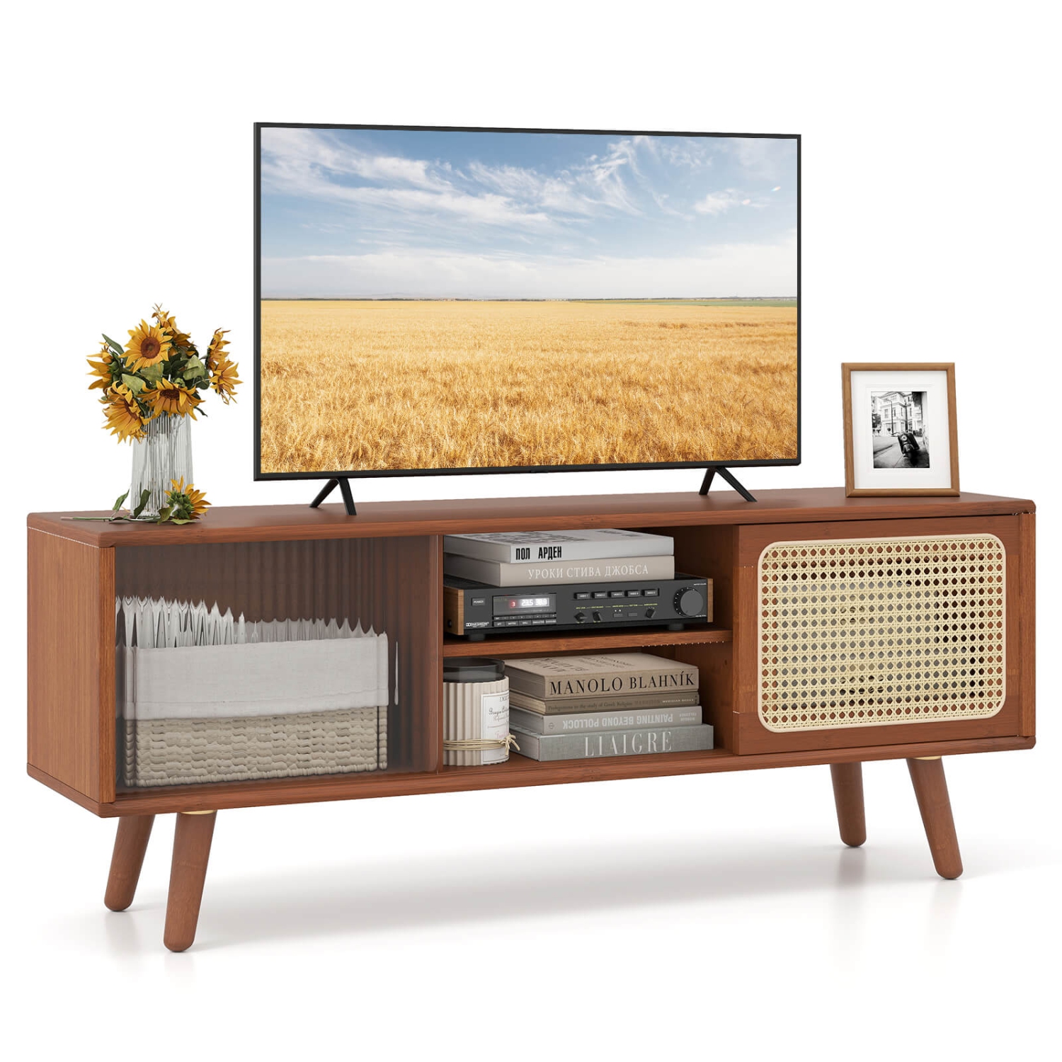 Costway Modern TV Stand Entertainment Center Media Console with Rattan Glass Sliding Doors Natural/Brown