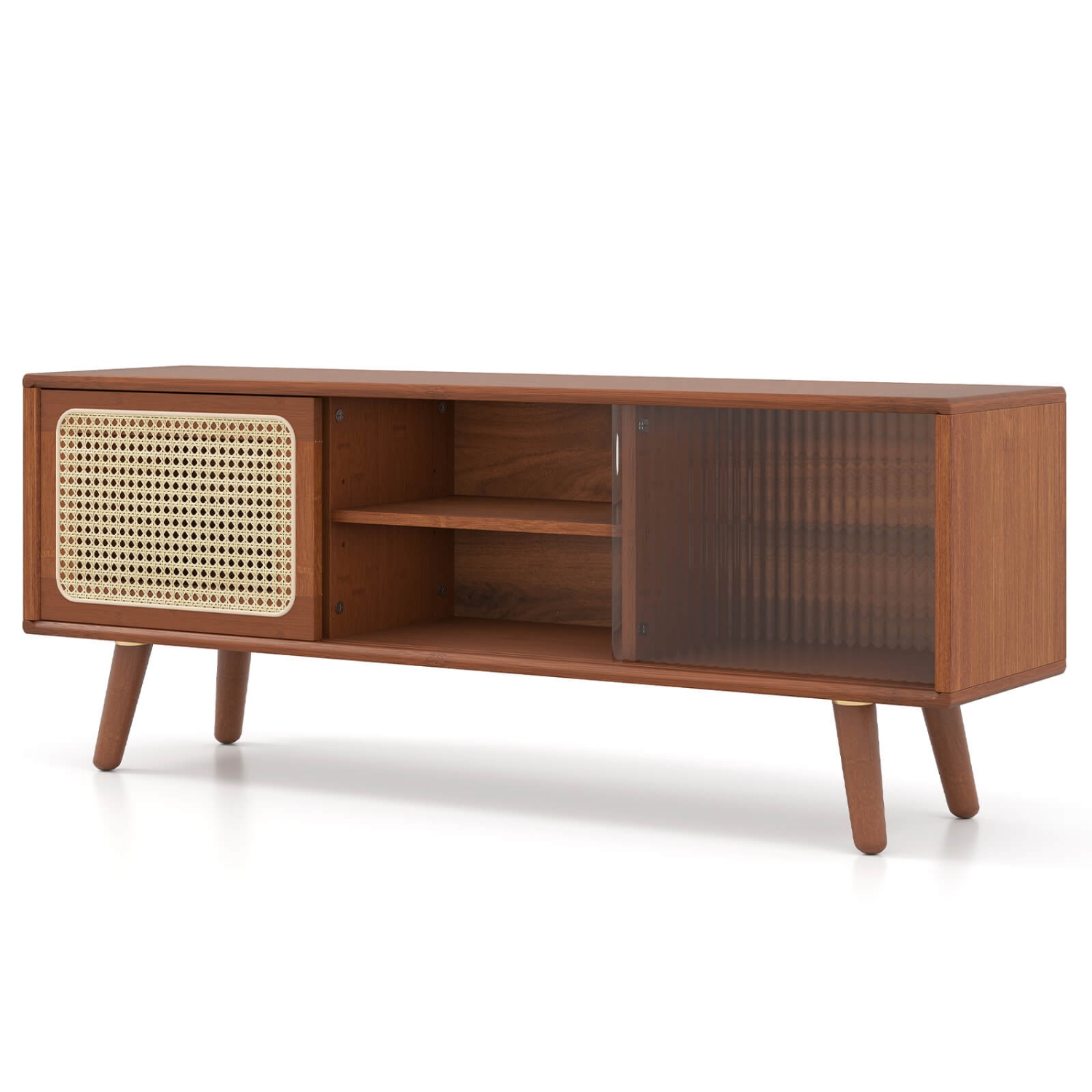 Costway Modern TV Stand Entertainment Center Media Console with Rattan Glass Sliding Doors Natural/Brown