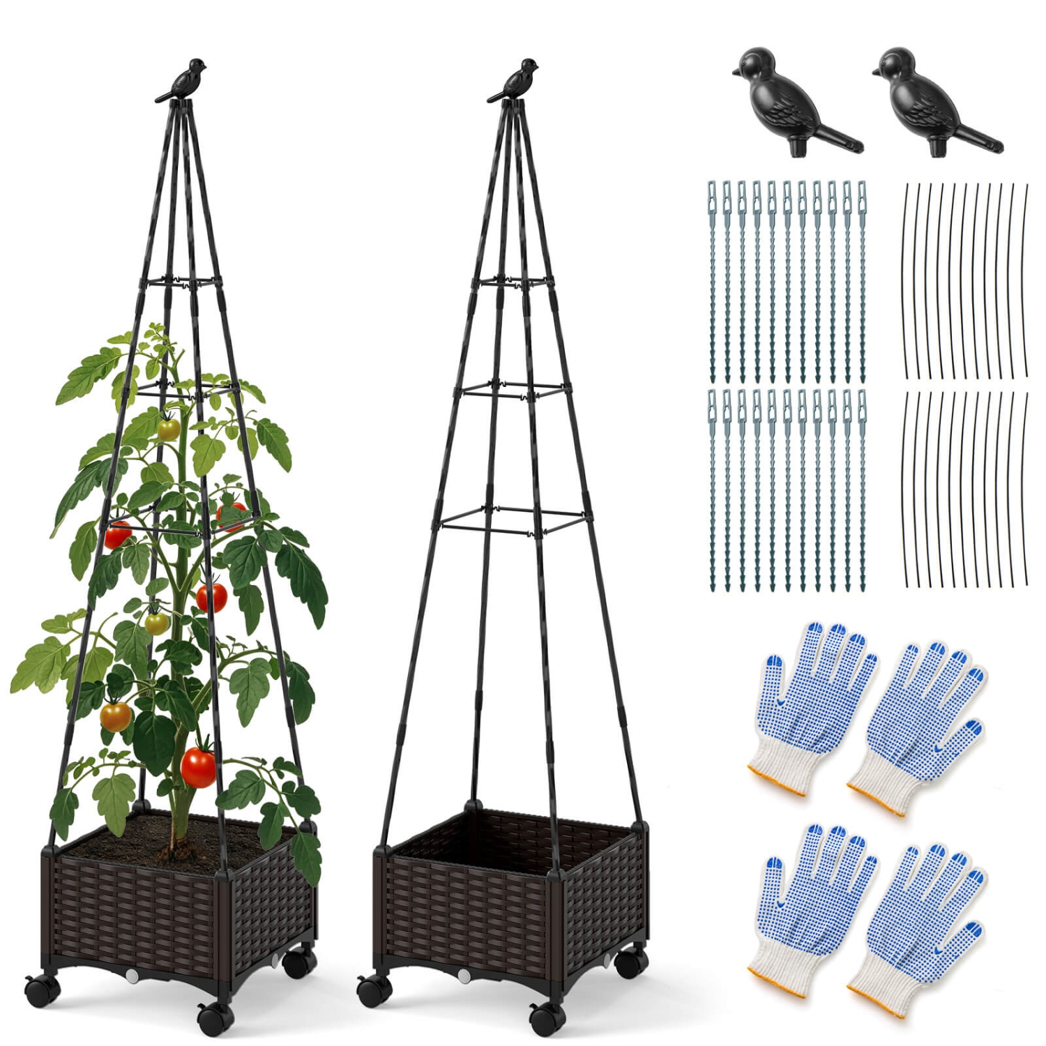 Costway 1/2 PCS Raised Garden Bed with Plant Box & Obelisk Trellis Lockable Wheels Cage Planter