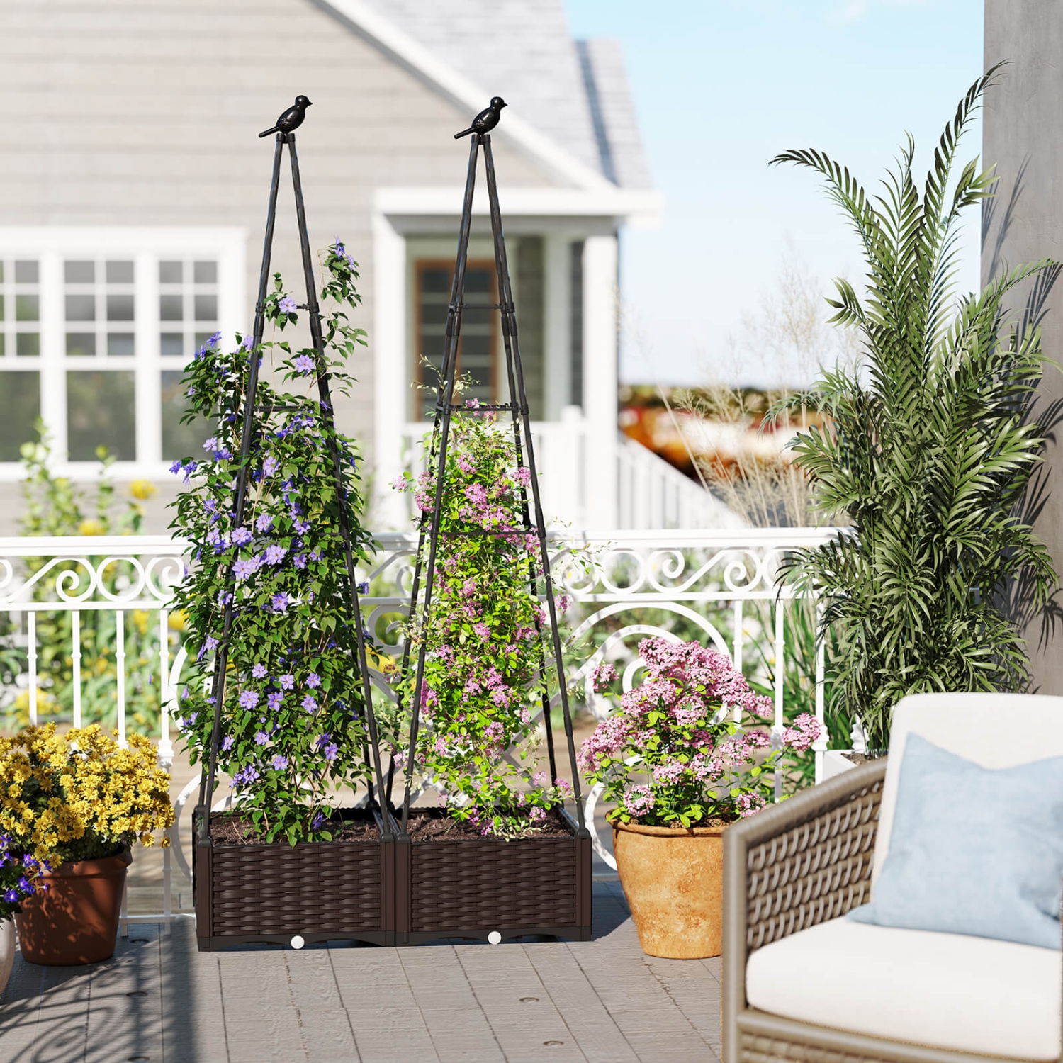 Costway 1/2 PCS Raised Garden Bed with Plant Box & Obelisk Trellis Lockable Wheels Cage Planter