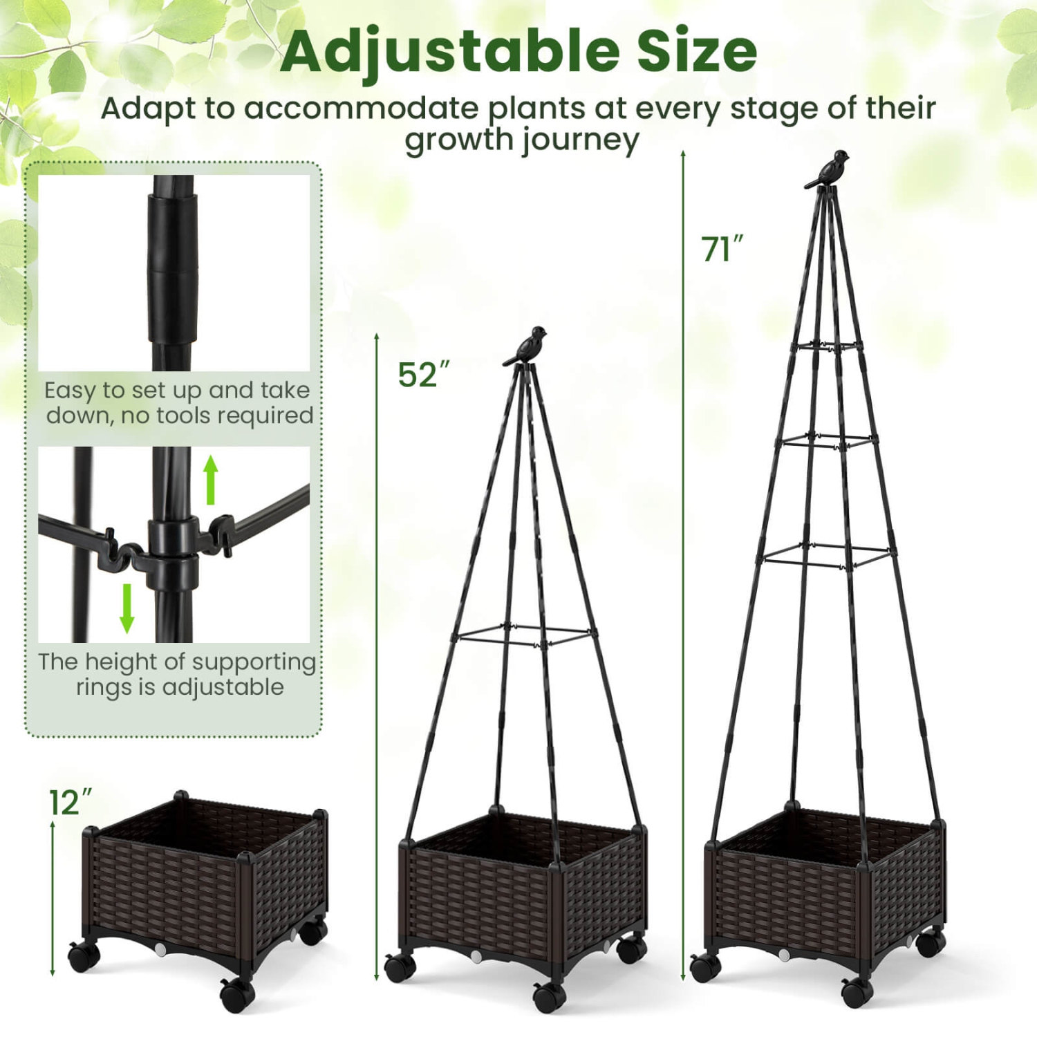 Costway 1/2 PCS Raised Garden Bed with Plant Box & Obelisk Trellis Lockable Wheels Cage Planter