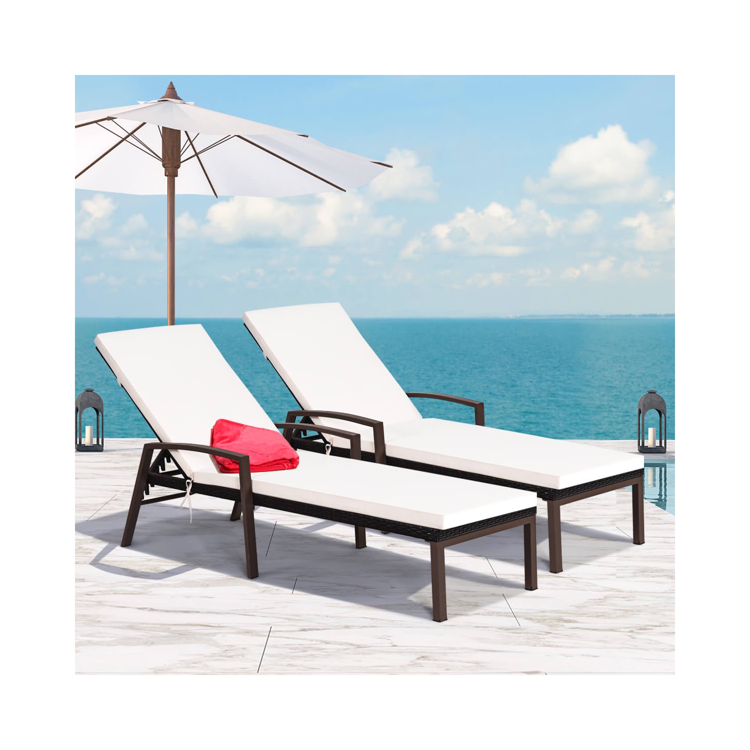 Costway Set of 2 Patio Rattan Chaise Lounge Chair Outdoor Reclining Chaise Sun Lounger