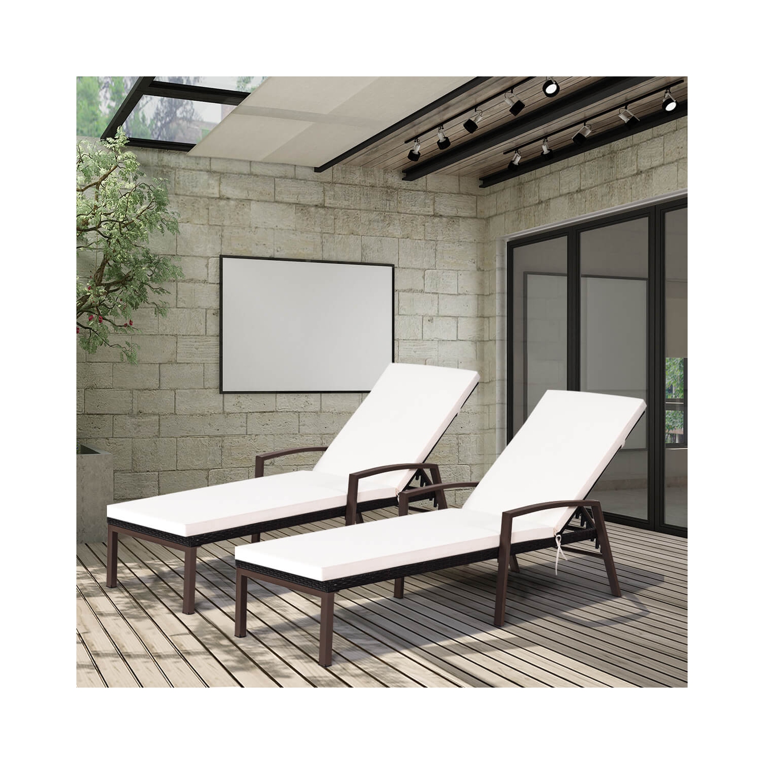 Costway Set of 2 Patio Rattan Chaise Lounge Chair Outdoor Reclining Chaise Sun Lounger