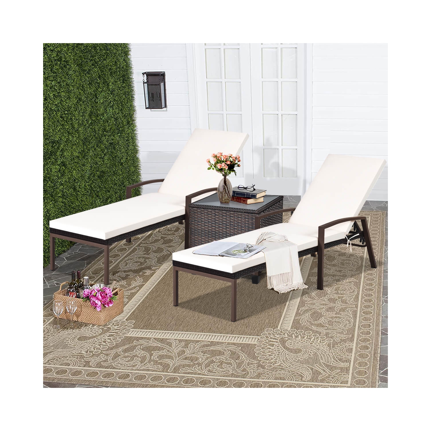 Costway Set of 2 Patio Rattan Chaise Lounge Chair Outdoor Reclining Chaise Sun Lounger