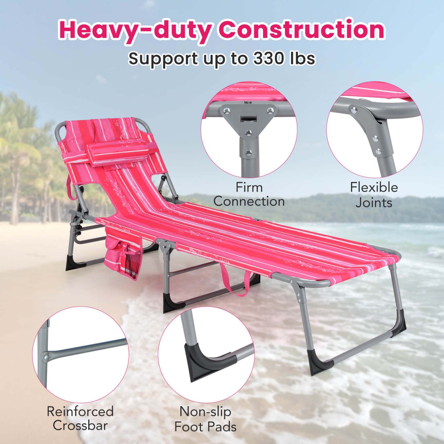 Costway Outdoor Beach Lounge Chair Folding Chaise Lounge with Pillow