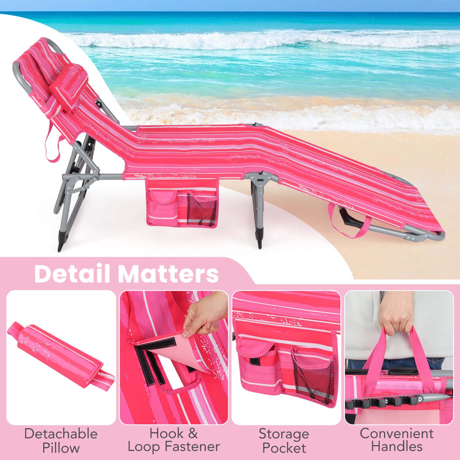 Costway Outdoor Beach Lounge Chair Folding Chaise Lounge with Pillow