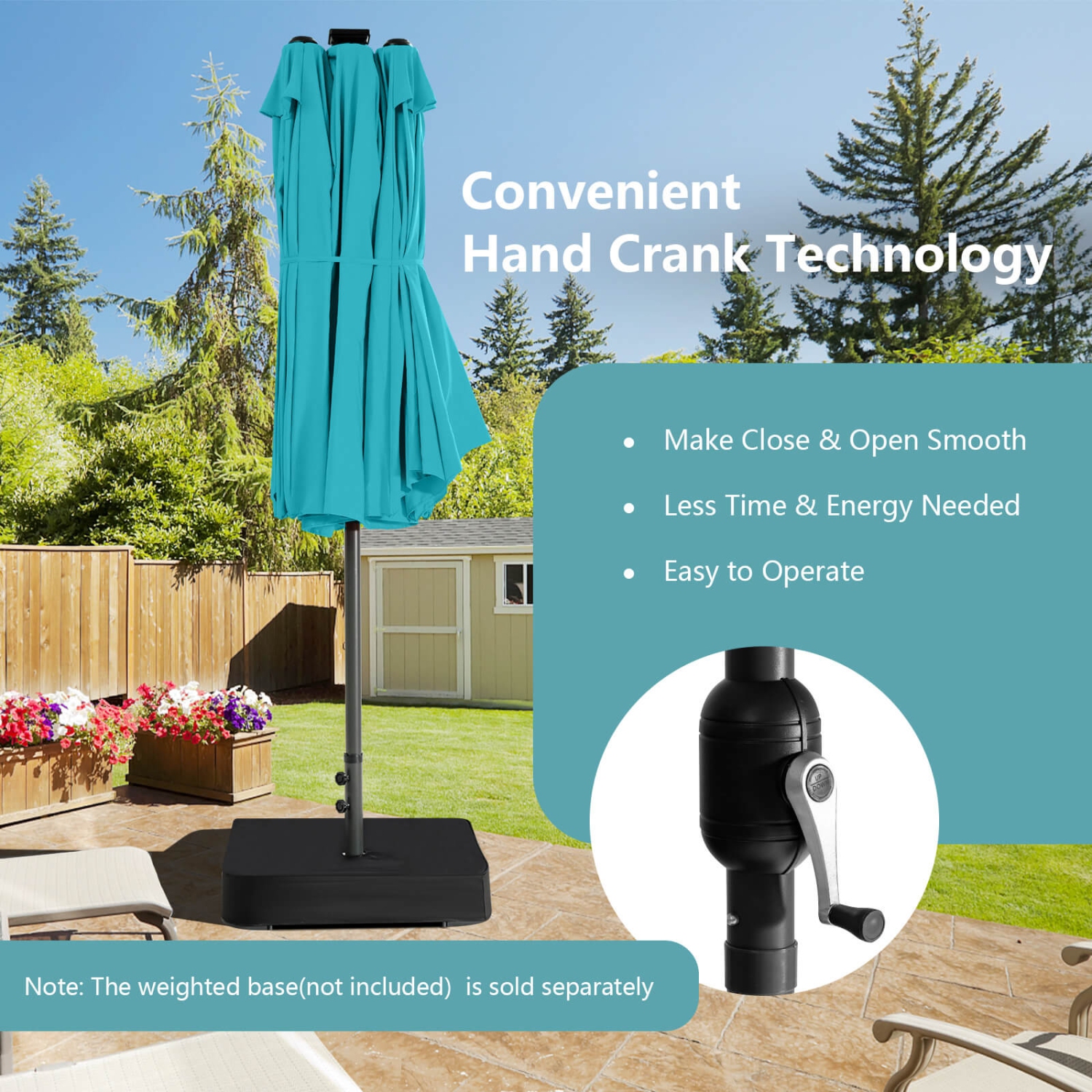 Parapluie de patio double face de 15 pi à 48 lampes solaires LED avec manivelle d'extérieur de Costway