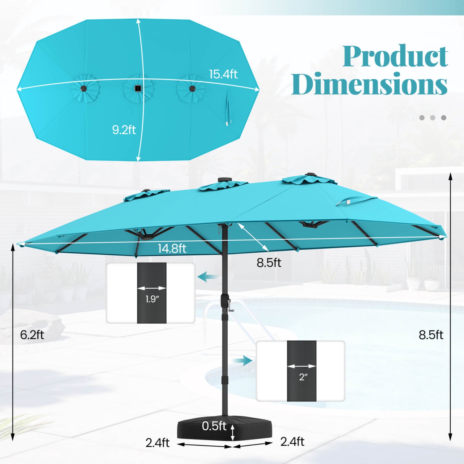 Costway 15Ft Patio Double-Sided Solar LED Market Umbrella Crank Base