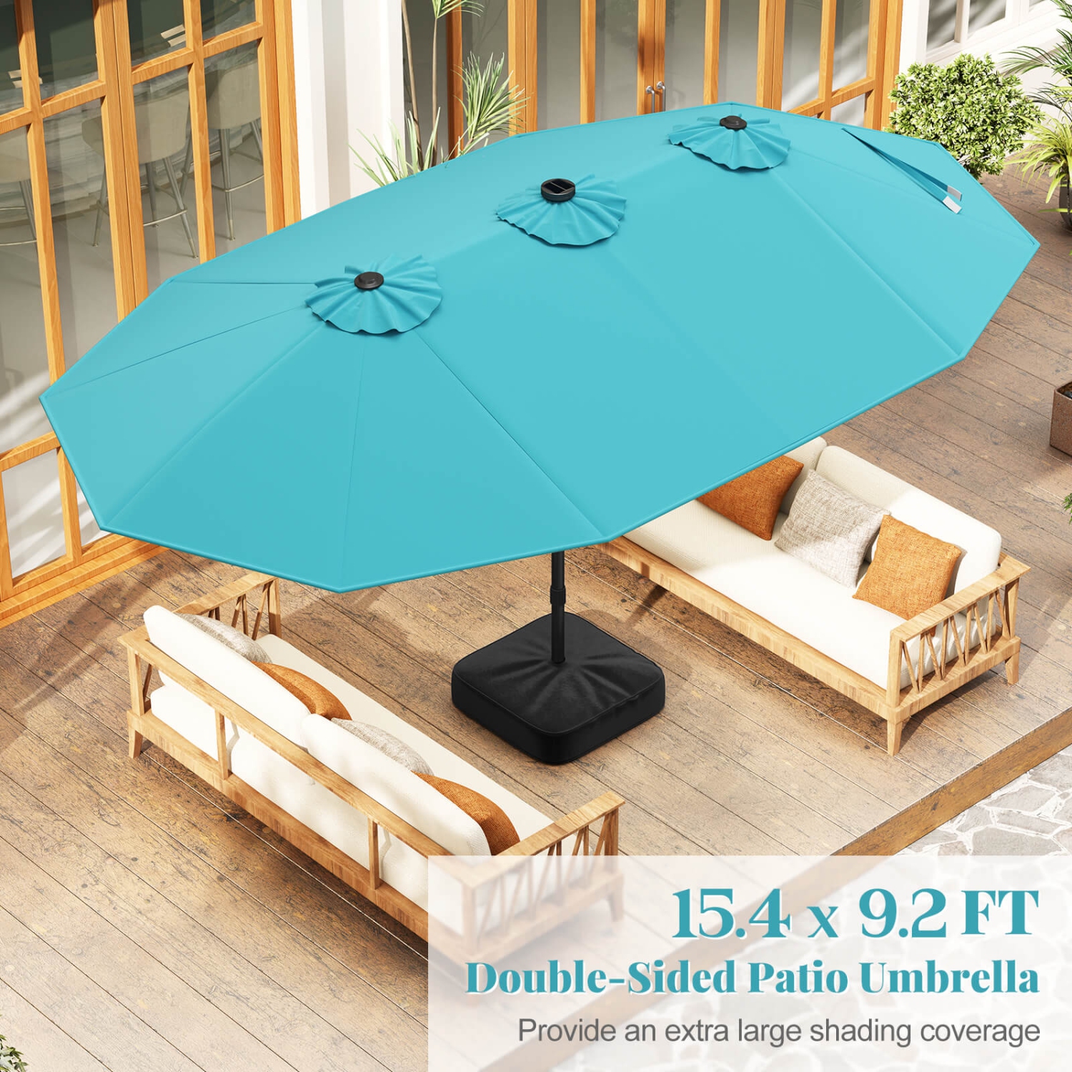 Costway 15Ft Patio Double-Sided Solar LED Market Umbrella Crank Base