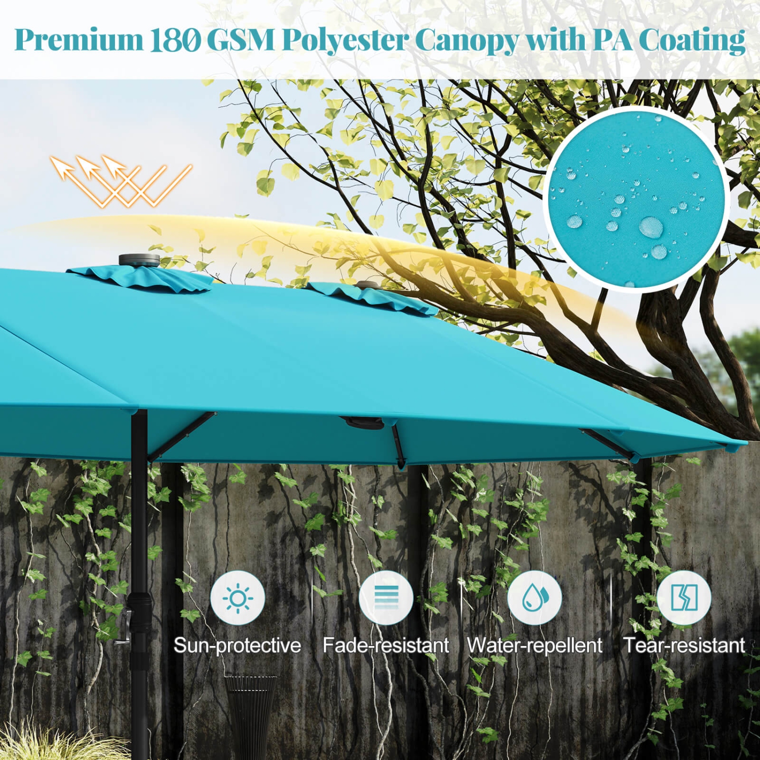 Costway 15Ft Patio Double-Sided Solar LED Market Umbrella Crank Base