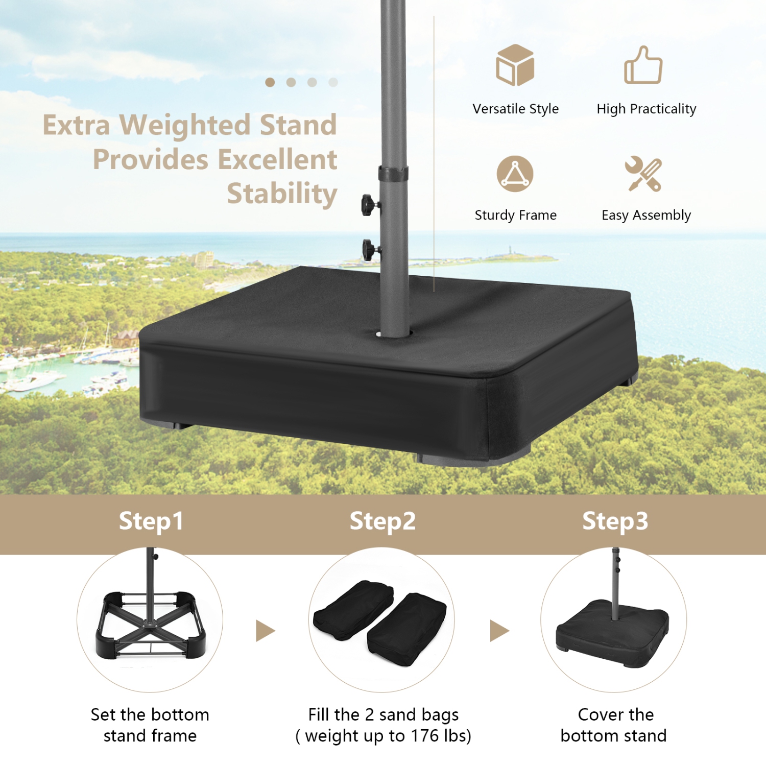 Costway 15Ft Patio Double-Sided Solar LED Market Umbrella Crank Base