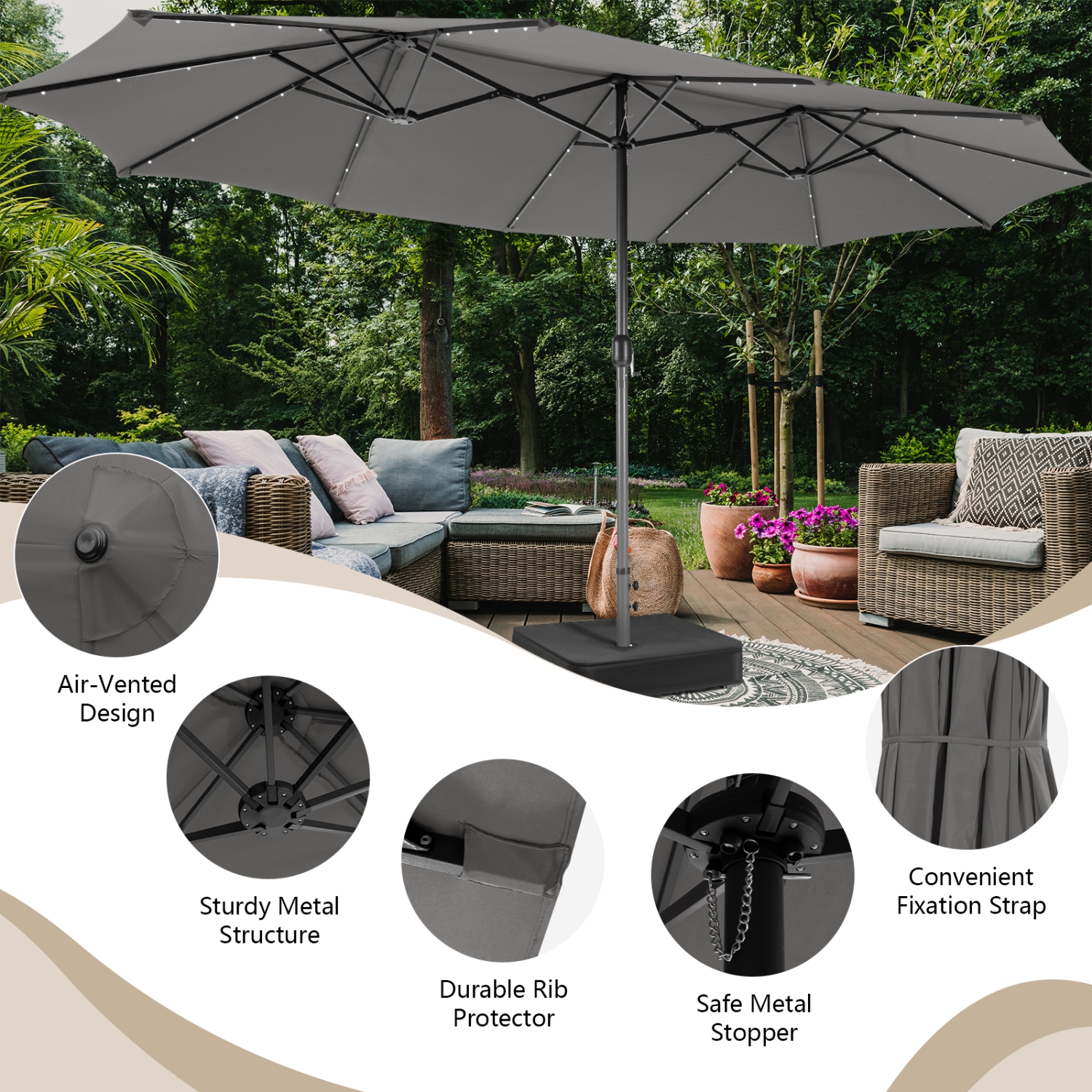 Costway 15Ft Patio Double-Sided Solar LED Market Umbrella Crank Base
