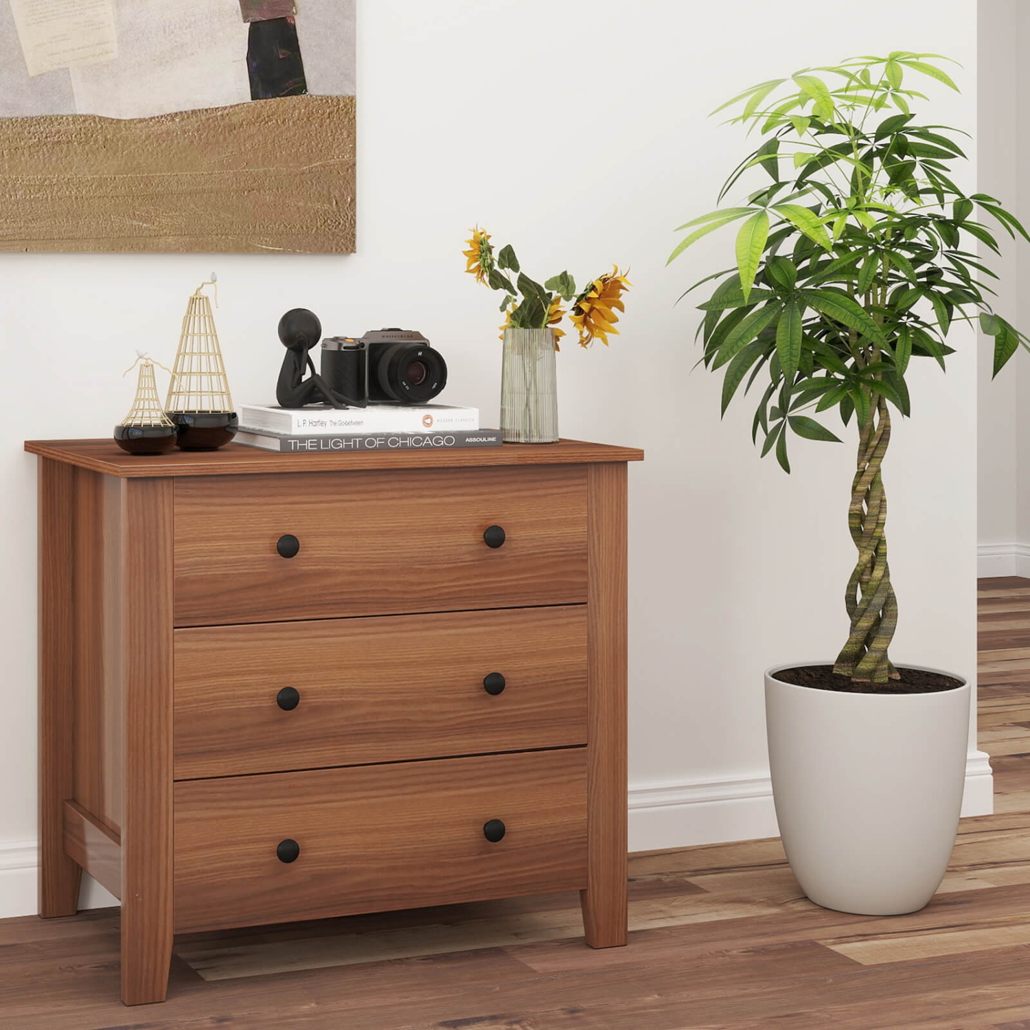 Commode à 3 tiroirs Costway 2 PCS avec poignées pratiques et rails coulissants, table d'appoint noyer/brun