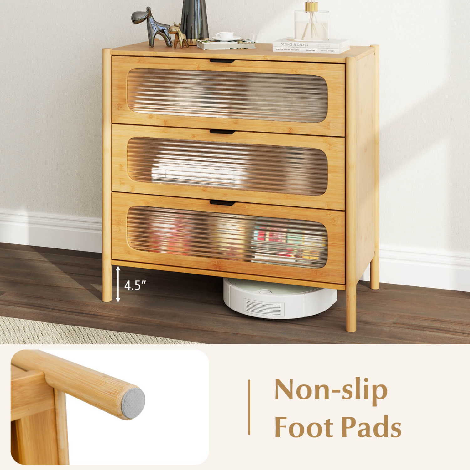 Commode à 3 tiroirs avec armoire de rangement en bambou à devant en verre trempé de Costway