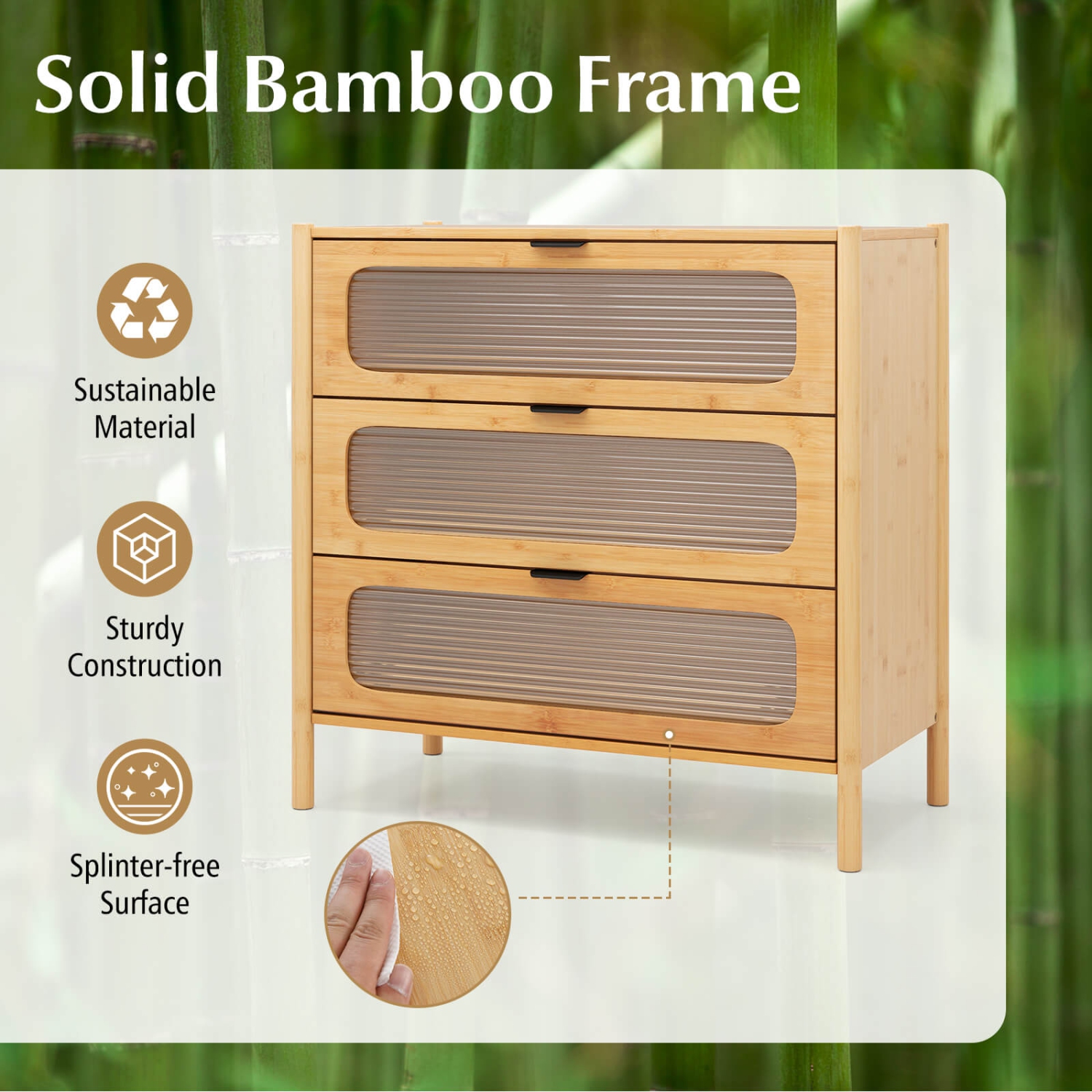 Commode à 3 tiroirs avec armoire de rangement en bambou à devant en verre trempé de Costway