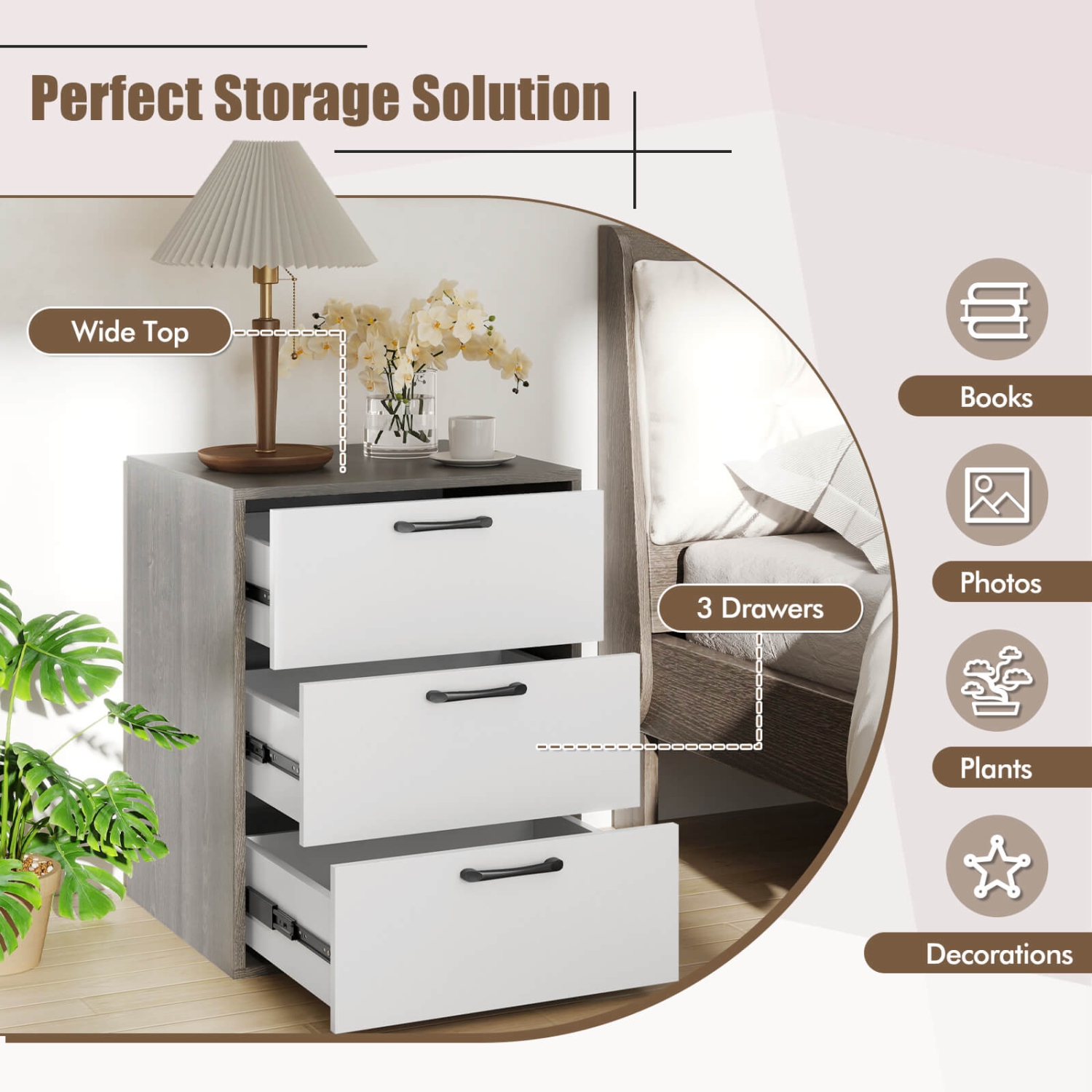 Costway 1/2 PCS 3 Drawer Dresser Chest of Drawer Storage Cabinet with Wide Storage Space Organizer