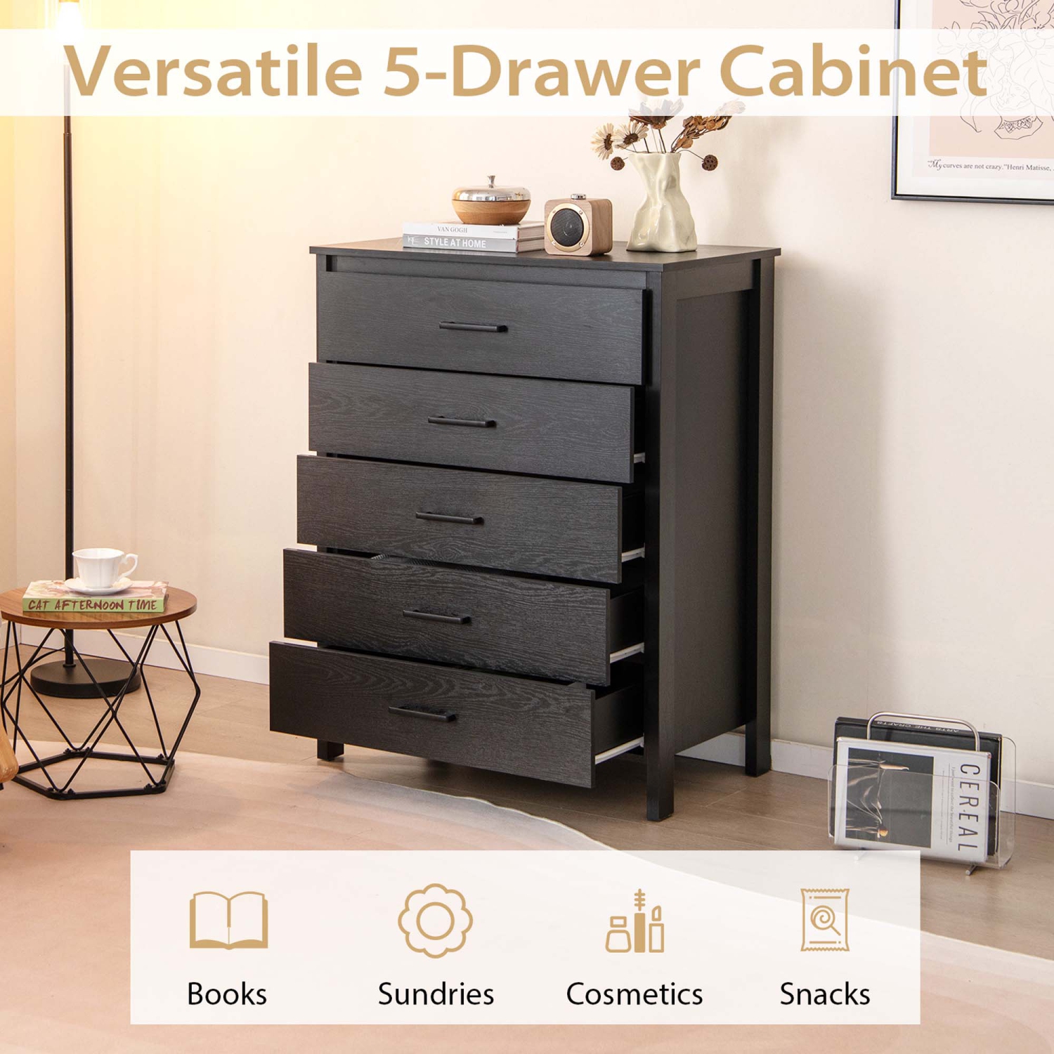 Costway Modern 5 Drawer Chest Storage Dresser Cabinet with Metal Handles