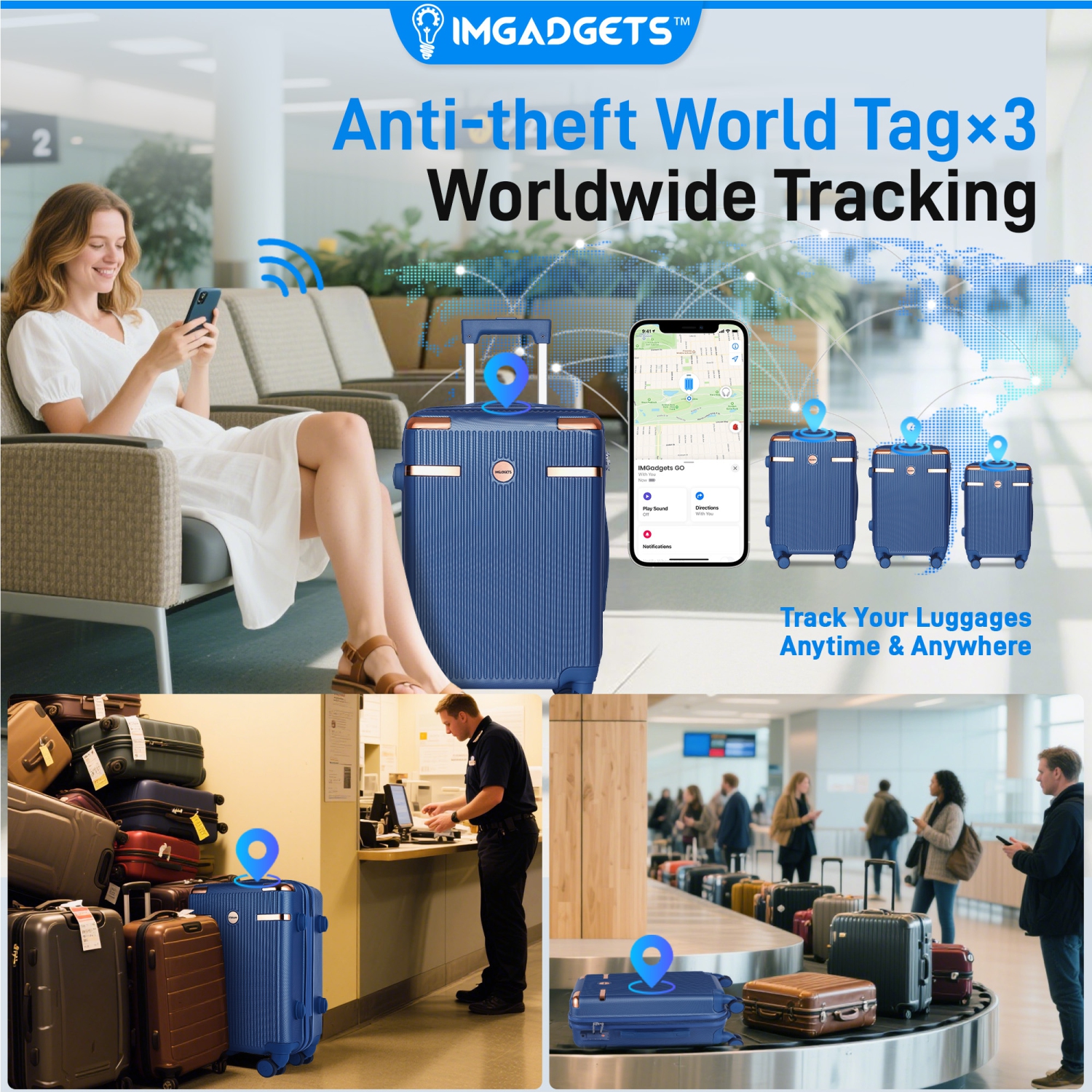 IMGadgets Go Luggage Set | FREE 3 Smart GPS Trackers, Hard Side Lightweight & Durable ABS Polycarbonate | 360° Spinner Wheel | TSA-Approved Lock |