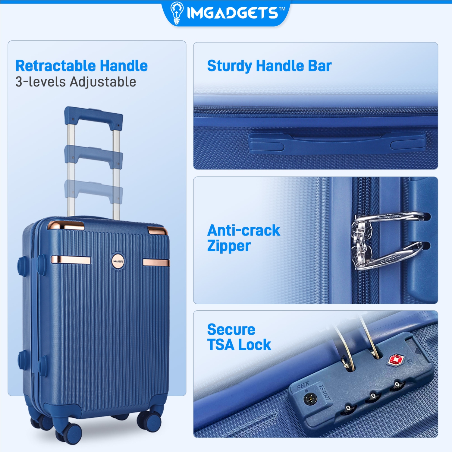 IMGadgets Go Luggage Set | FREE 3 Smart GPS Trackers, Hard Side Lightweight & Durable ABS Polycarbonate | 360° Spinner Wheel | TSA-Approved Lock |