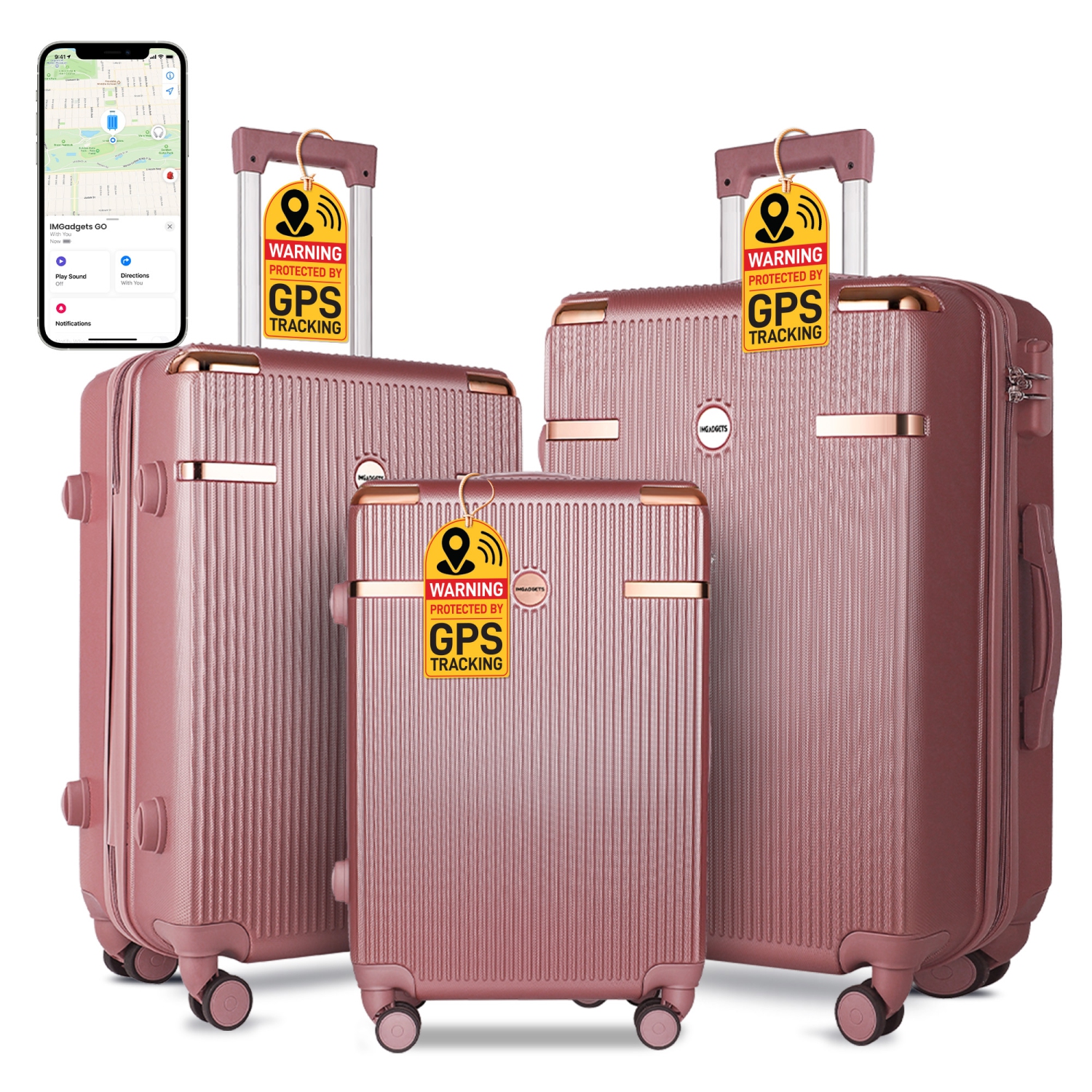 Ensemble de valises Go d'IMGadgets | Polycarbonate ABS léger et durable | Roulettes pivotantes à 360° | Verrou TSA | 3 étiquettes intelligentes GPS |