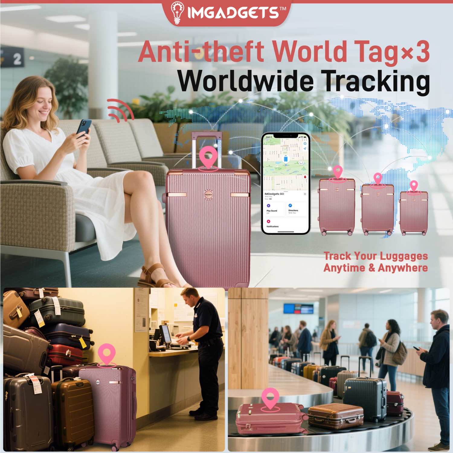 Ensemble de valises Go d'IMGadgets | Polycarbonate ABS léger et durable | Roulettes pivotantes à 360° | Verrou TSA | 3 étiquettes intelligentes GPS |