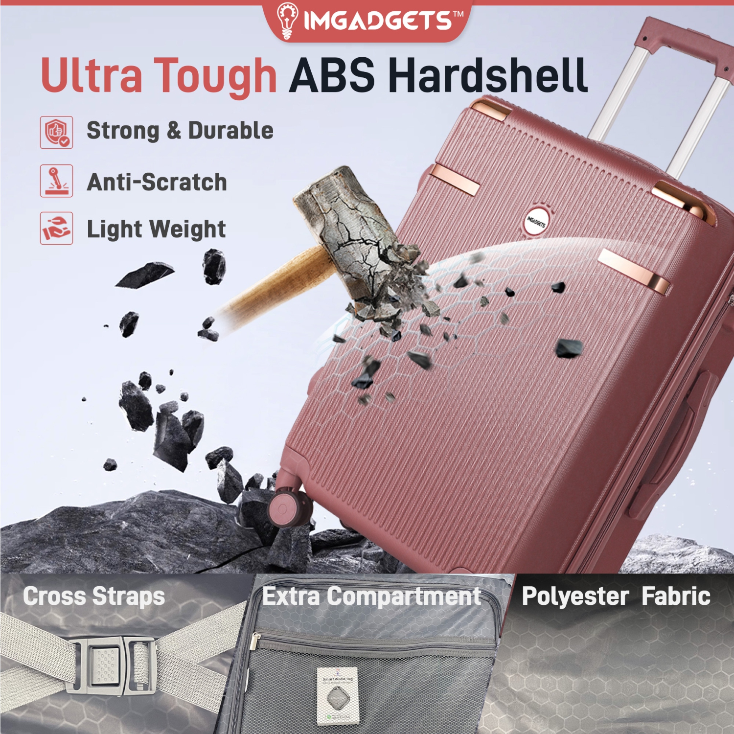 Ensemble de valises Go d'IMGadgets | Polycarbonate ABS léger et durable | Roulettes pivotantes à 360° | Verrou TSA | 3 étiquettes intelligentes GPS |