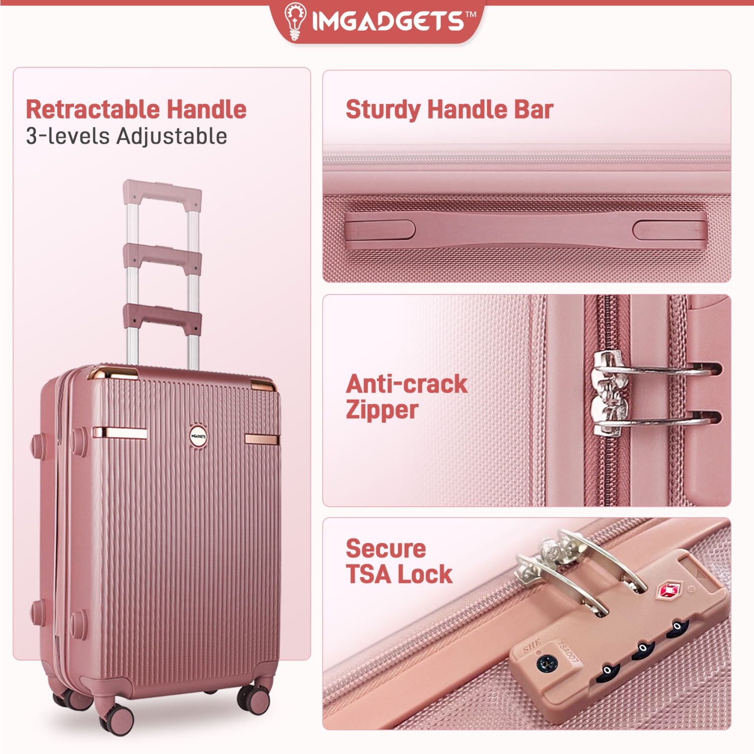 Ensemble de valises Go d'IMGadgets | Polycarbonate ABS léger et durable | Roulettes pivotantes à 360° | Verrou TSA | 3 étiquettes intelligentes GPS |