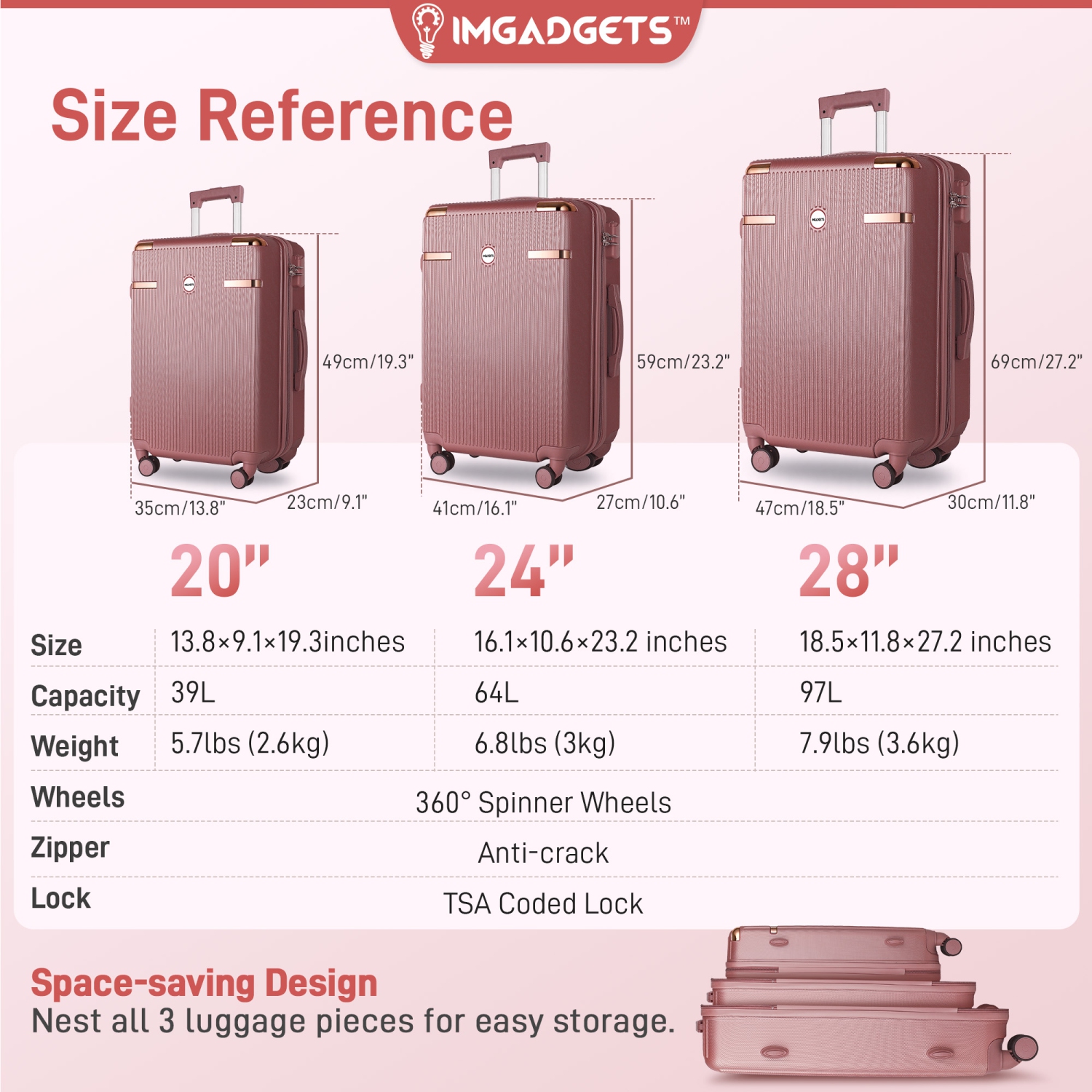 Ensemble de valises Go d'IMGadgets | Polycarbonate ABS léger et durable | Roulettes pivotantes à 360° | Verrou TSA | 3 étiquettes intelligentes GPS |