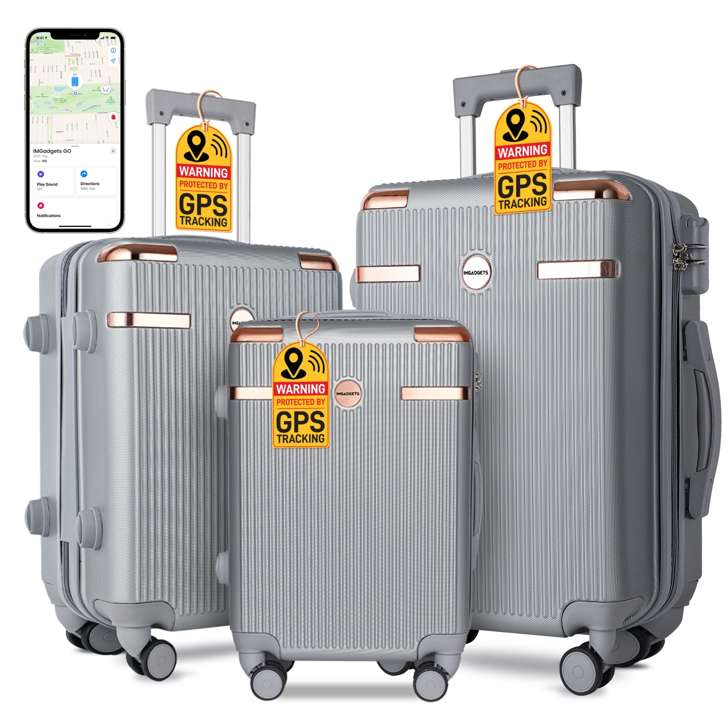 IMGadgets Go Luggage Set | FREE 3 Smart GPS Tracker, Hard Side Lightweight & Durable ABS Polycarbonate | 360° Spinner Wheel | TSA-Approved Lock |