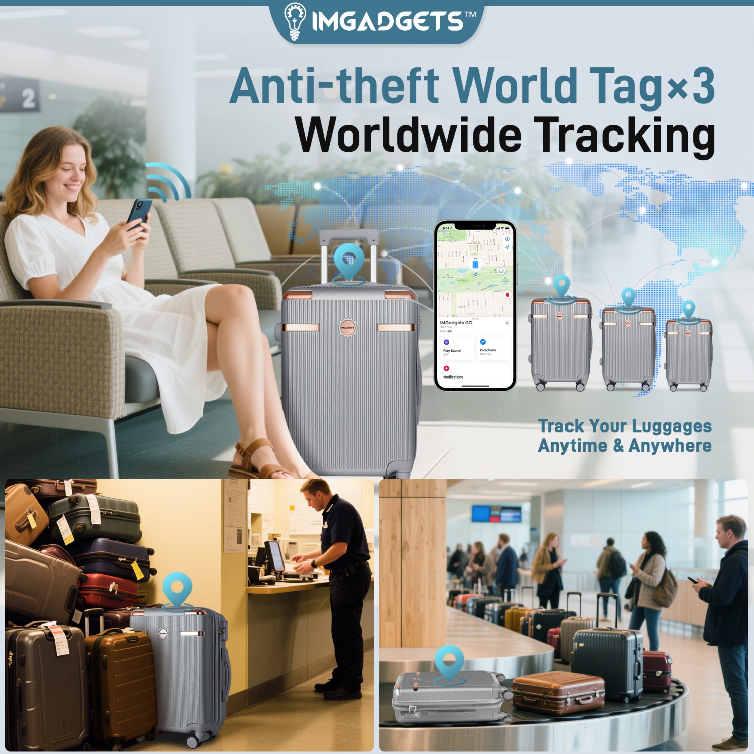 IMGadgets Go Luggage Set | FREE 3 Smart GPS Tracker, Hard Side Lightweight & Durable ABS Polycarbonate | 360° Spinner Wheel | TSA-Approved Lock |