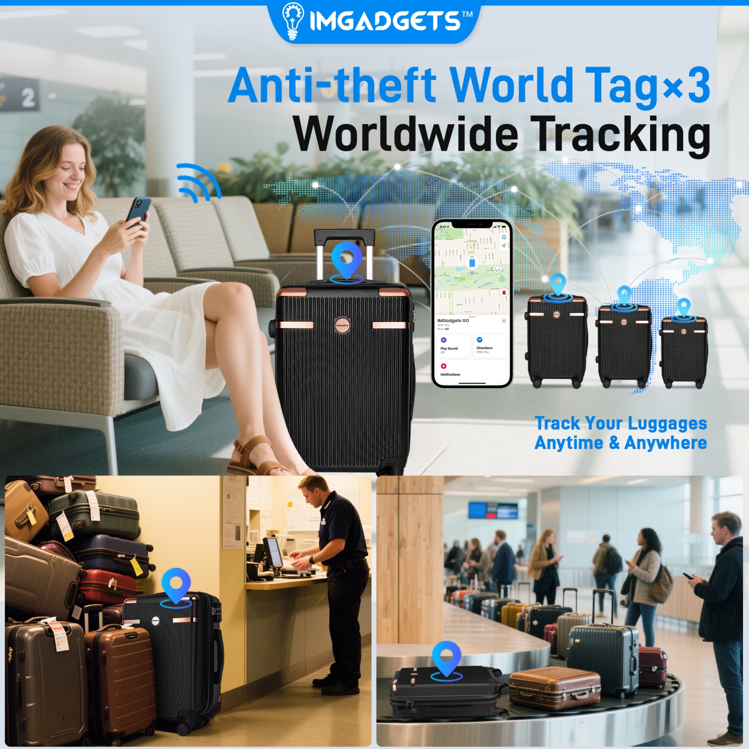 Ensemble de valises Go d'IMGadgets | Polycarbonate ABS léger et durable | Roulettes pivotantes à 360° | Verrou TSA | 3 étiquettes intelligentes GPS |