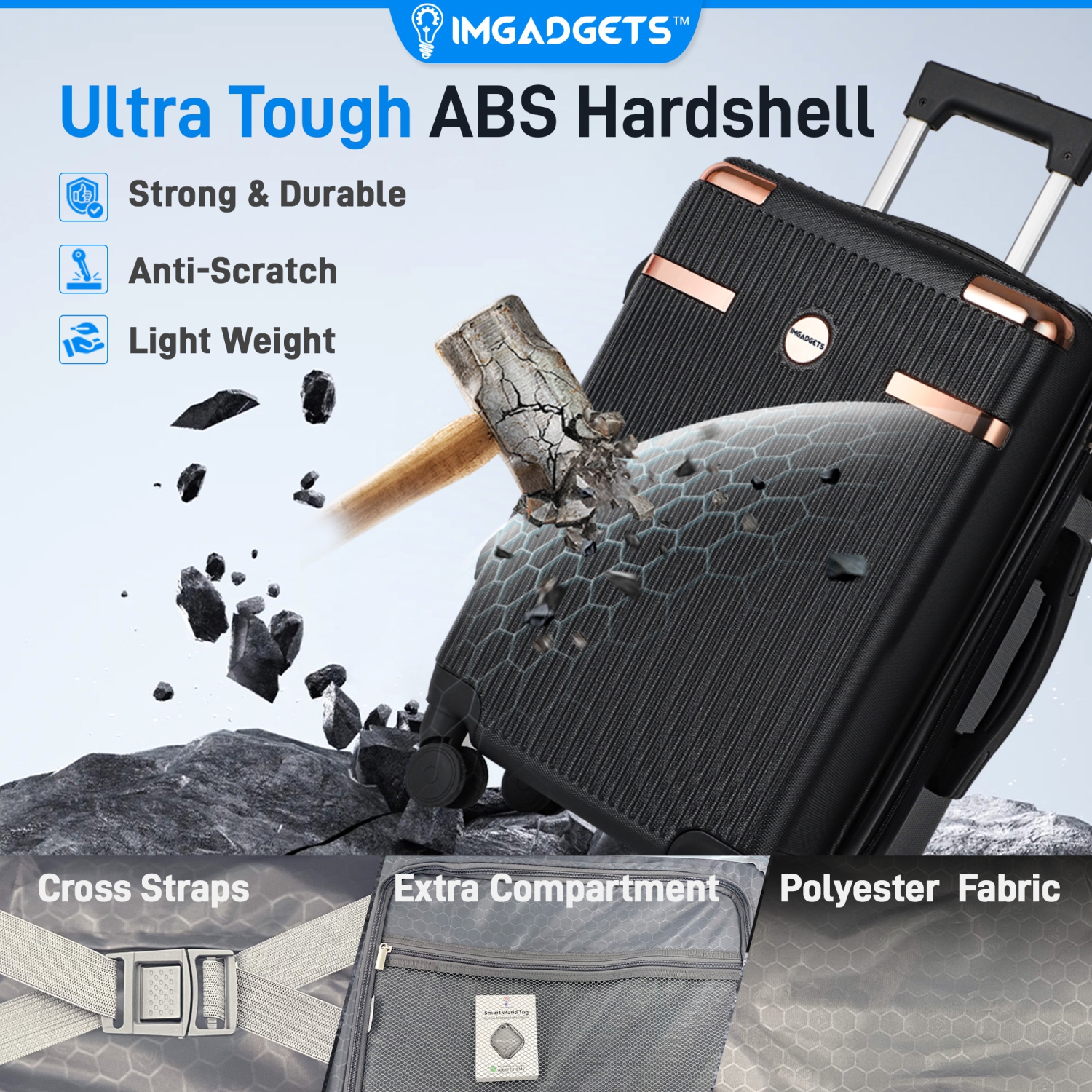 Ensemble de valises Go d'IMGadgets | Polycarbonate ABS léger et durable | Roulettes pivotantes à 360° | Verrou TSA | 3 étiquettes intelligentes GPS |