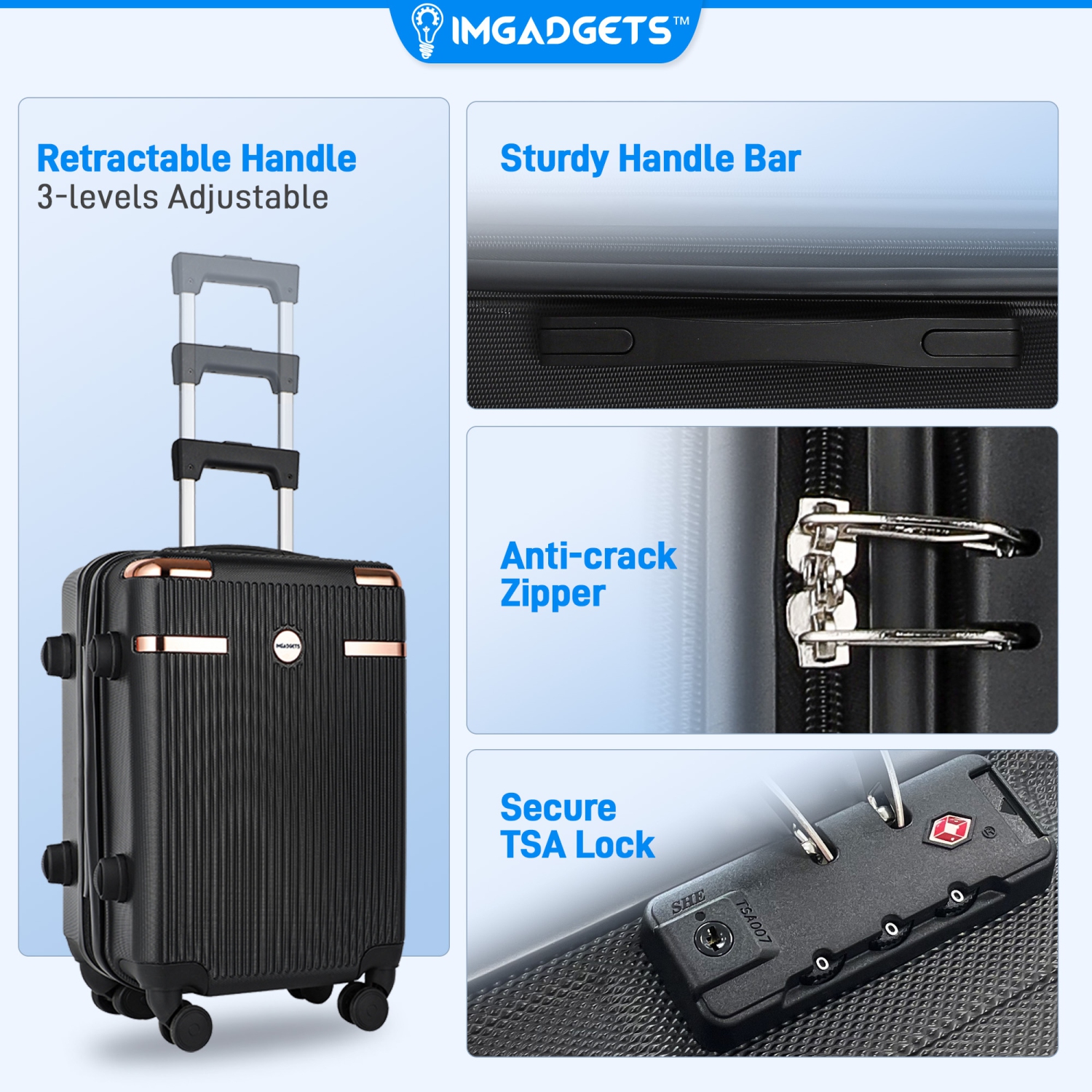 Ensemble de valises Go d'IMGadgets | Polycarbonate ABS léger et durable | Roulettes pivotantes à 360° | Verrou TSA | 3 étiquettes intelligentes GPS |