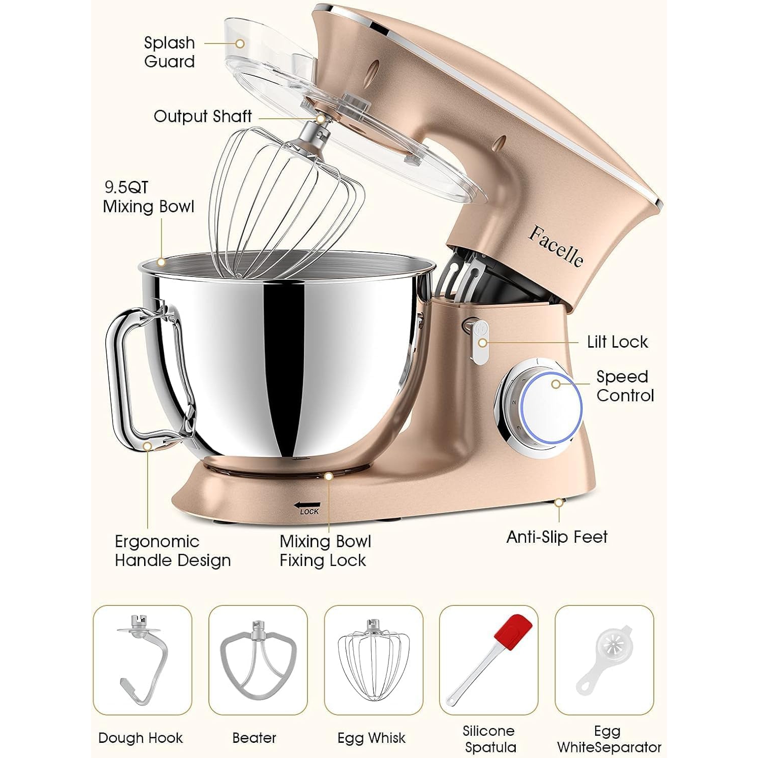 Facelle Stand Mixer 9.5QT 660W 6-Speed Tilt-Head Mixer with Dough Hook, Whisk, Beater, Splash Guard for Baking - Champagne