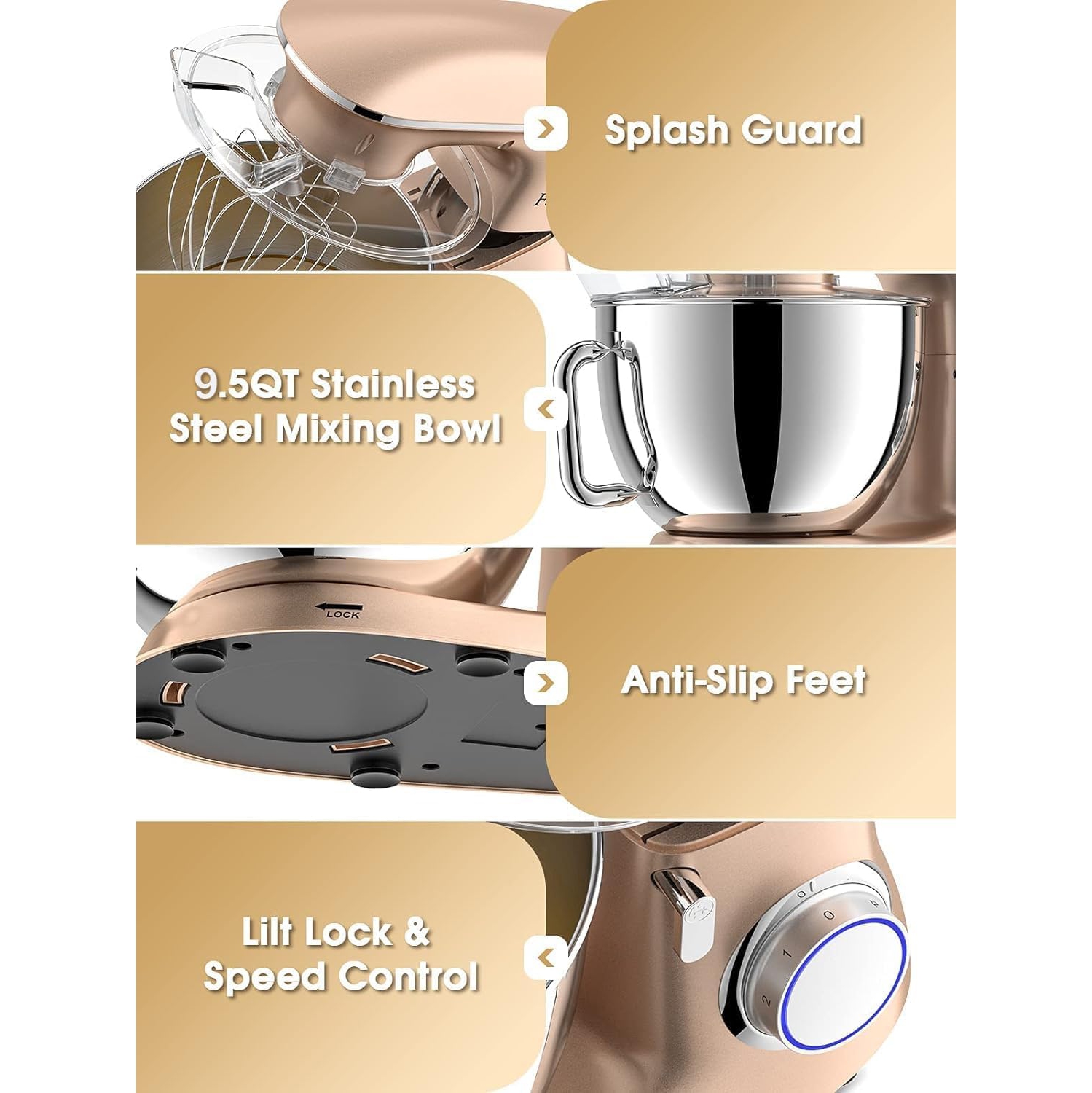 Facelle Stand Mixer 9.5QT 660W 6-Speed Tilt-Head Mixer with Dough Hook, Whisk, Beater, Splash Guard for Baking - Champagne