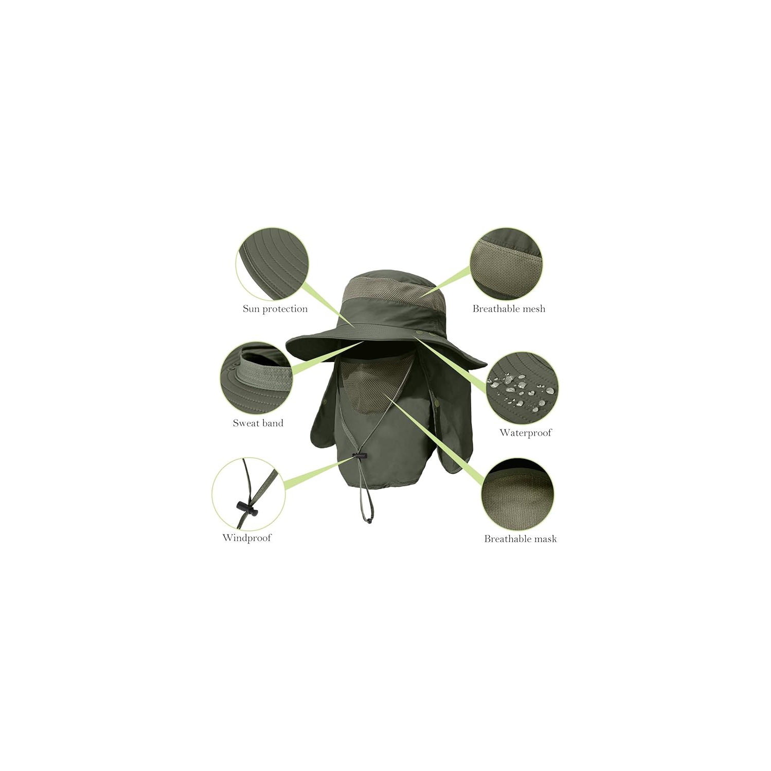 Men's Wide Brim Fishing Hat Outdoor UPF 50+ Sun Protection Removable Face and Neck Flap