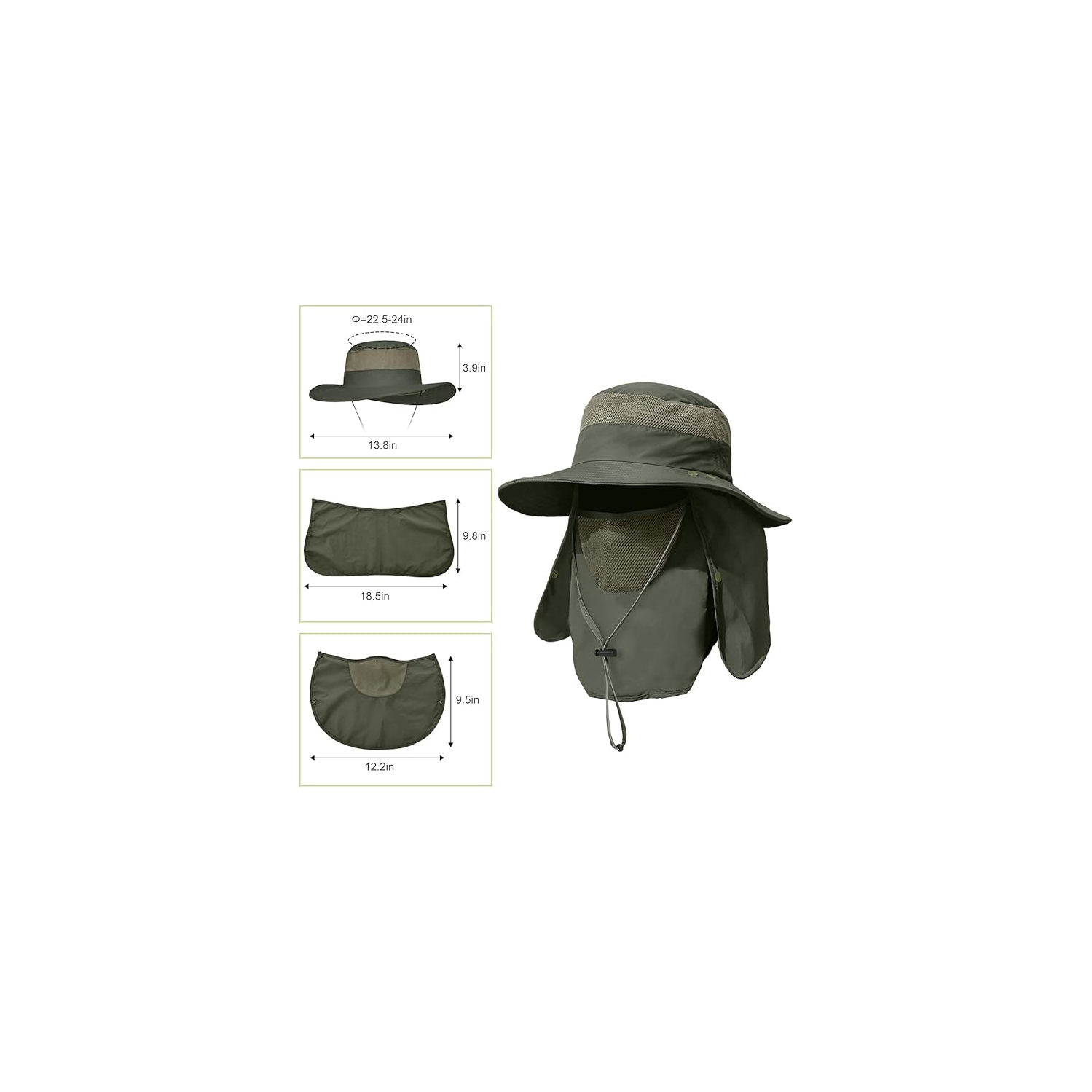 Men's Wide Brim Fishing Hat Outdoor UPF 50+ Sun Protection Removable Face and Neck Flap