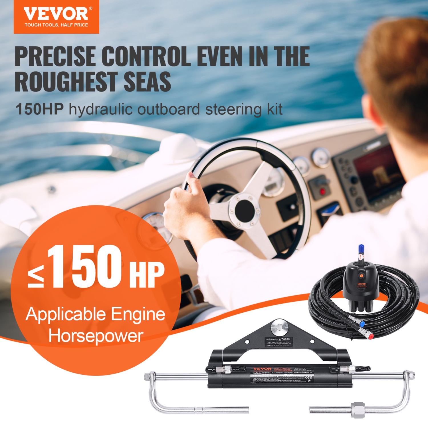 VEVOR 150HP Marine Boat Hydraulic Outboard Steering Kit, with Helm Pump Two-Way Lock Cylinder and 20 Feet Hydraulic Steering Hose, for Single Station