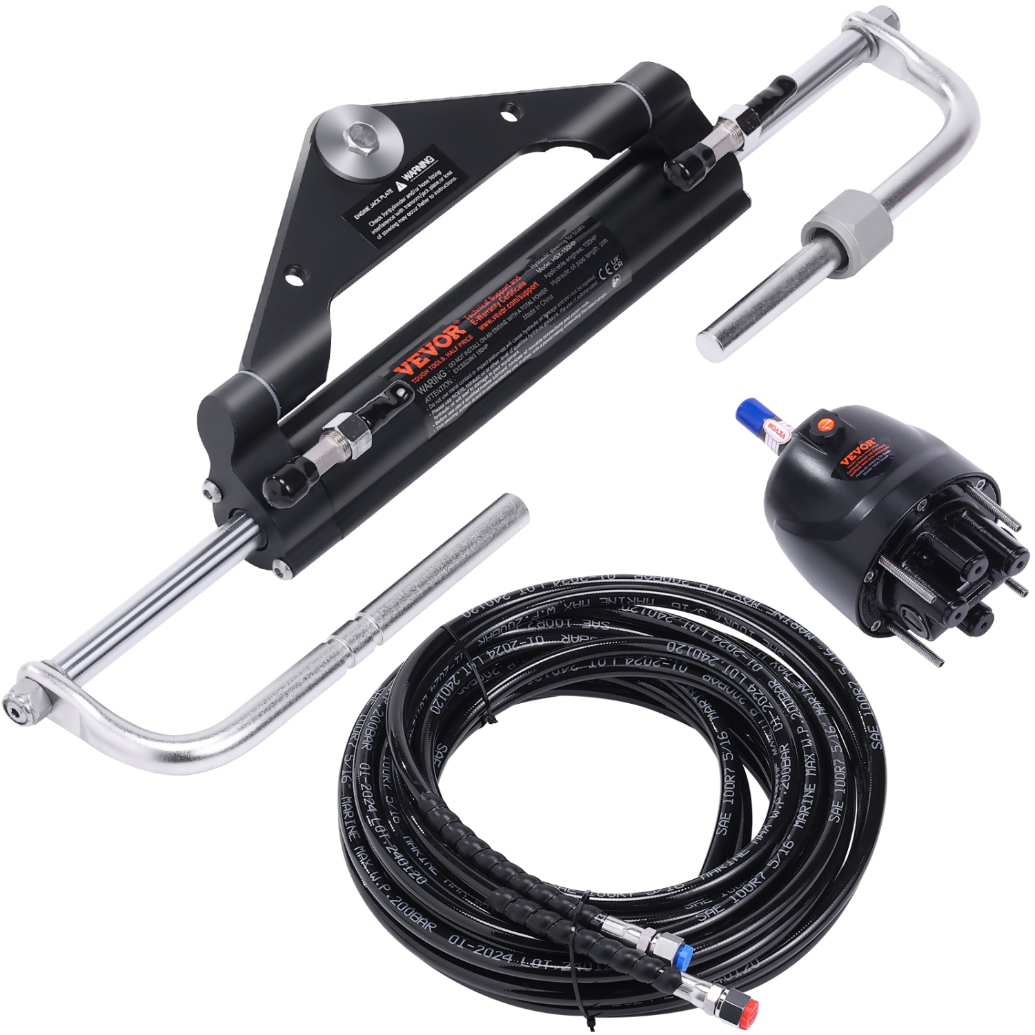 VEVOR 150HP Marine Boat Hydraulic Outboard Steering Kit, with Helm Pump Two-Way Lock Cylinder and 20 Feet Hydraulic Steering Hose, for Single Station