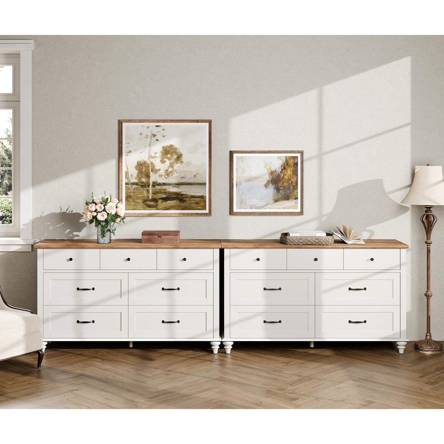 WAMPAT White Dresser Set with 14 Drawers for Bedroom, 2-in-1 Kids Dresser for Nursery Kids Room, Mid Century Modern Chests & Dressers, Wide Organizer