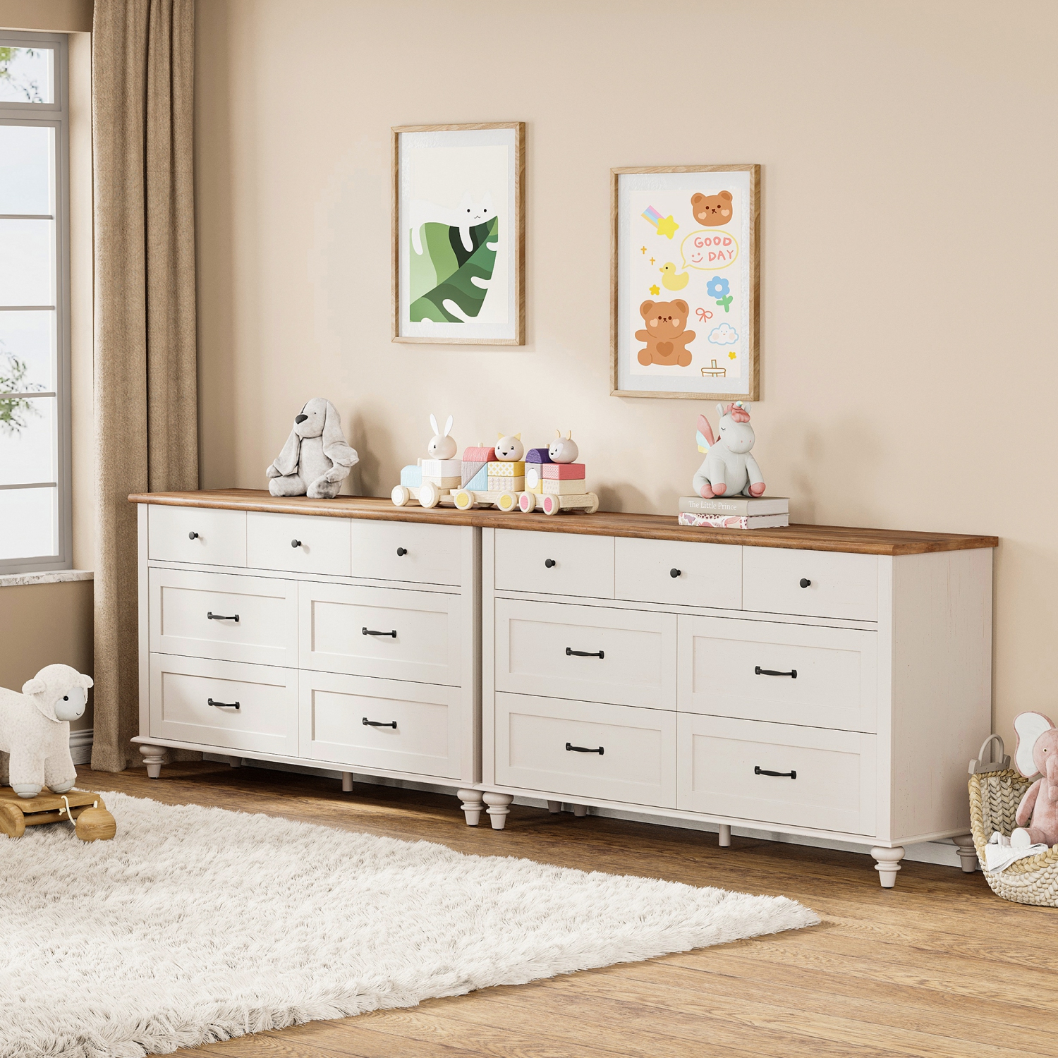 WAMPAT White Dresser Set with 14 Drawers for Bedroom, 2-in-1 Kids Dresser for Nursery Kids Room, Mid Century Modern Chests & Dressers, Wide Organizer