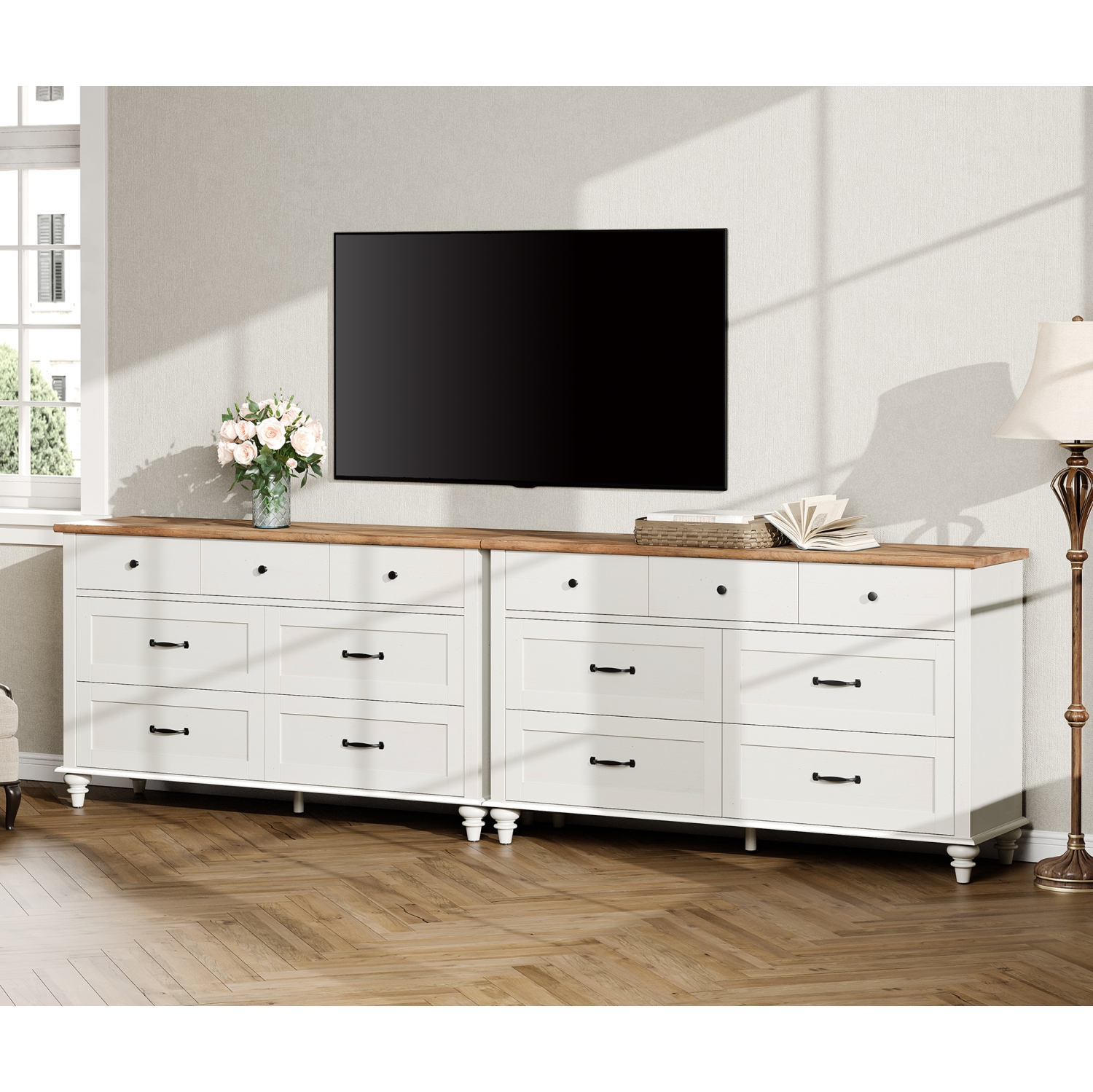 WAMPAT White Dresser Set with 14 Drawers for Bedroom, 2-in-1 Kids Dresser for Nursery Kids Room, Mid Century Modern Chests & Dressers, Wide Organizer