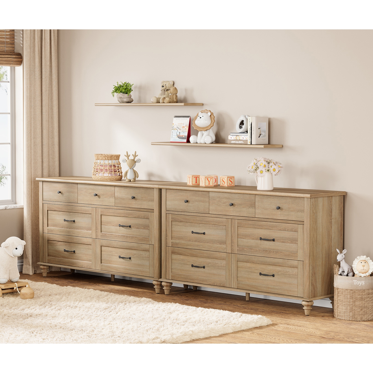 WAMPAT 2 Pack Kids Dresser with 14 Drawers for Bedroom, 2-in-1 Wide Baby Dresser for Nursery & Kids Room, Farmhouse Chests & Dressers for Children’s