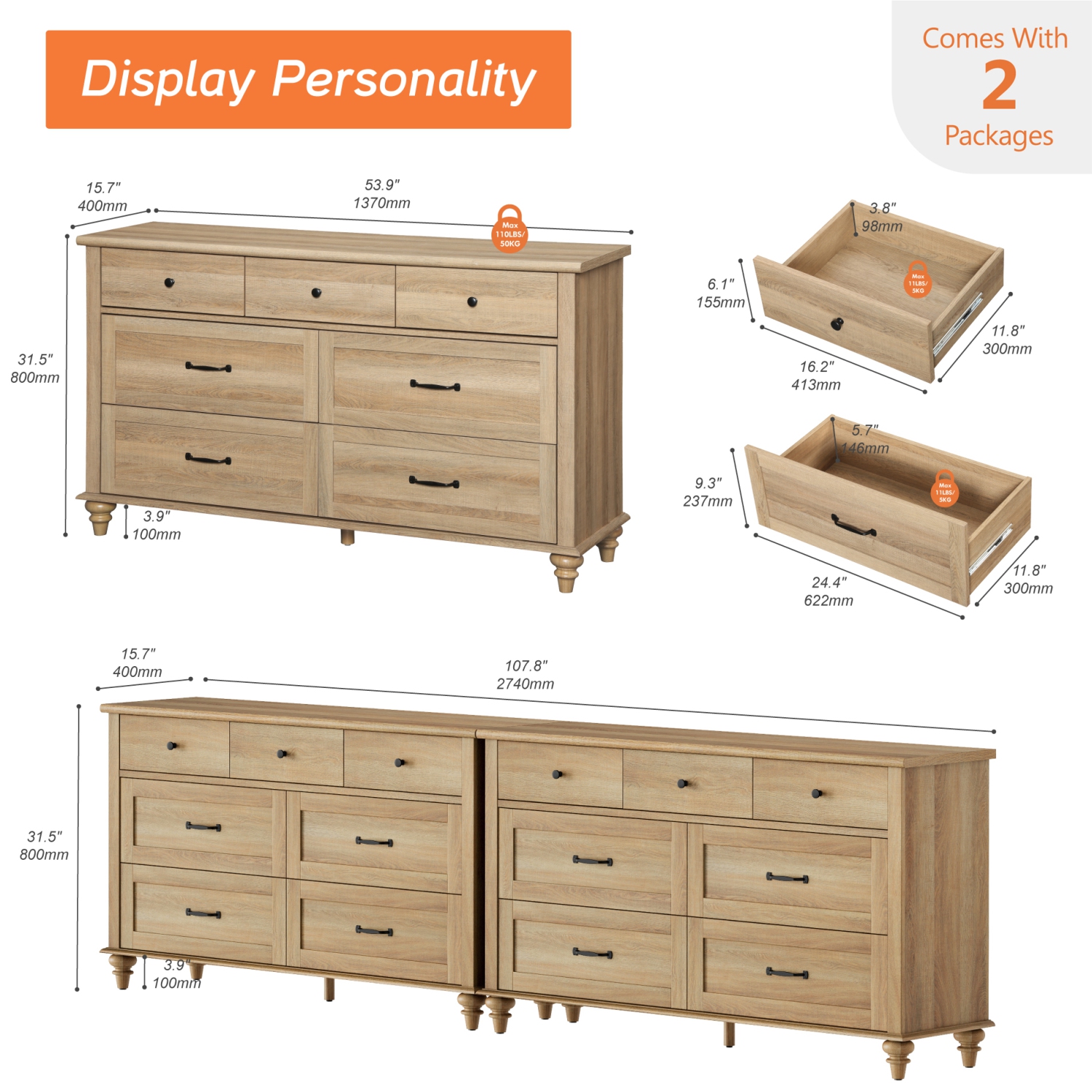 WAMPAT 2 Pack Kids Dresser with 14 Drawers for Bedroom, 2-in-1 Wide Baby Dresser for Nursery & Kids Room, Farmhouse Chests & Dressers for Children’s