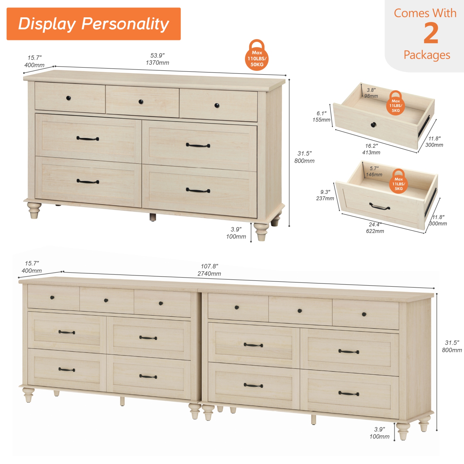 WAMPAT White Dresser Set with 14 Drawers for Bedroom, 2-in-1 Kids Dresser for Nursery Kids Room, Mid Century Modern Chests & Dressers, Wide Organizer