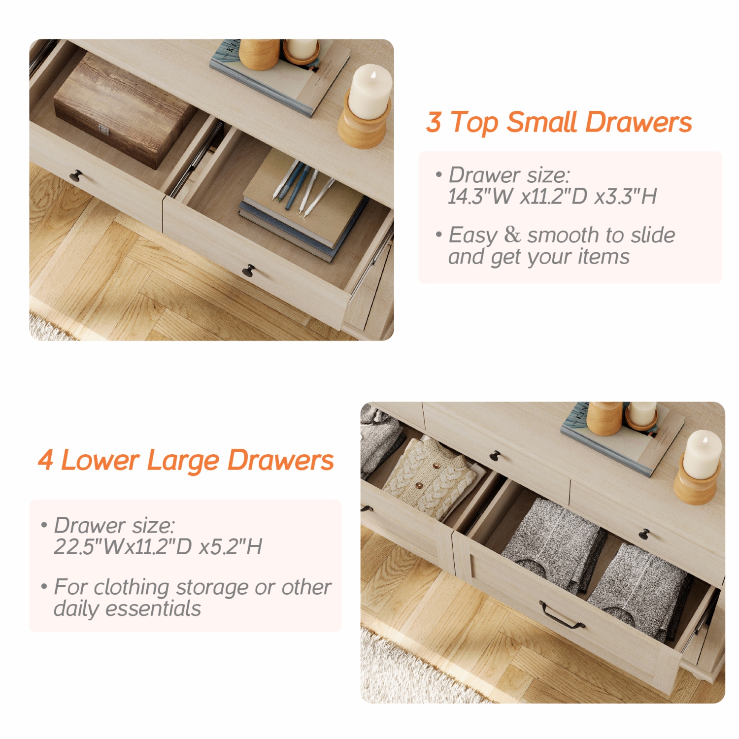 WAMPAT White Dresser Set with 14 Drawers for Bedroom, 2-in-1 Kids Dresser for Nursery Kids Room, Mid Century Modern Chests & Dressers, Wide Organizer