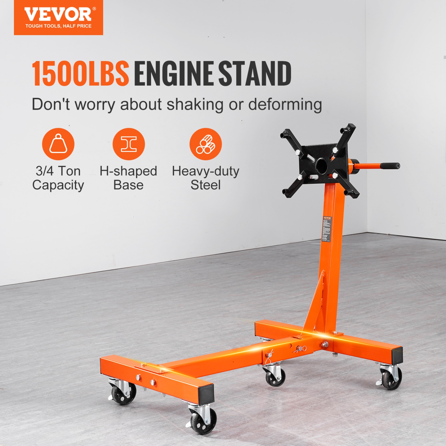 VEVOR 1500LBS Engine Stand, Rotating Engine Stand with 360 Degree Adjustable Head, Folding Steel Engine Block Stand, 5-Caster, 4 Adjustable Arms, for