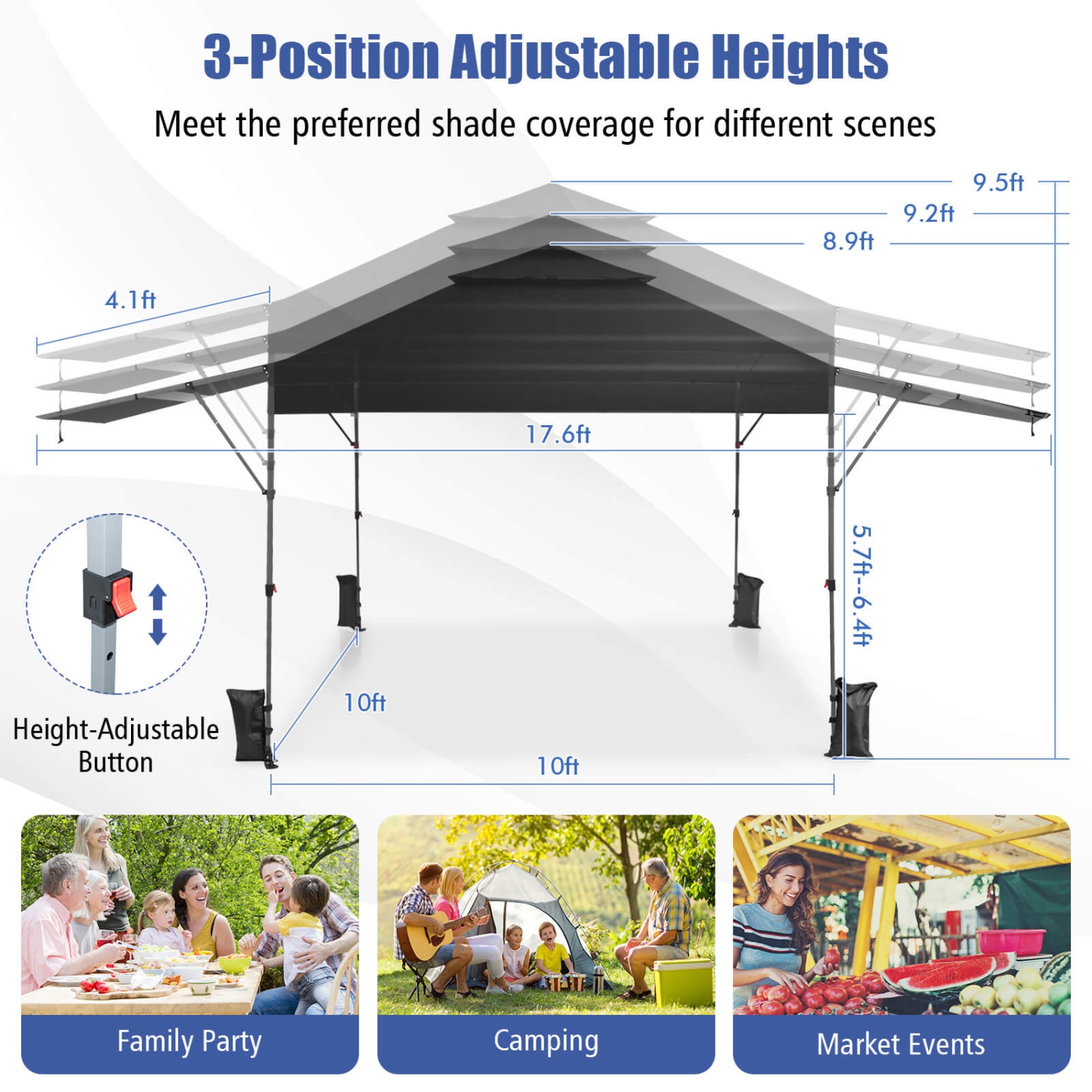 Costway 10'x17.6'Outdoor Instant Pop-up Canopy Tent Dual Half Awnings Adjust Patio