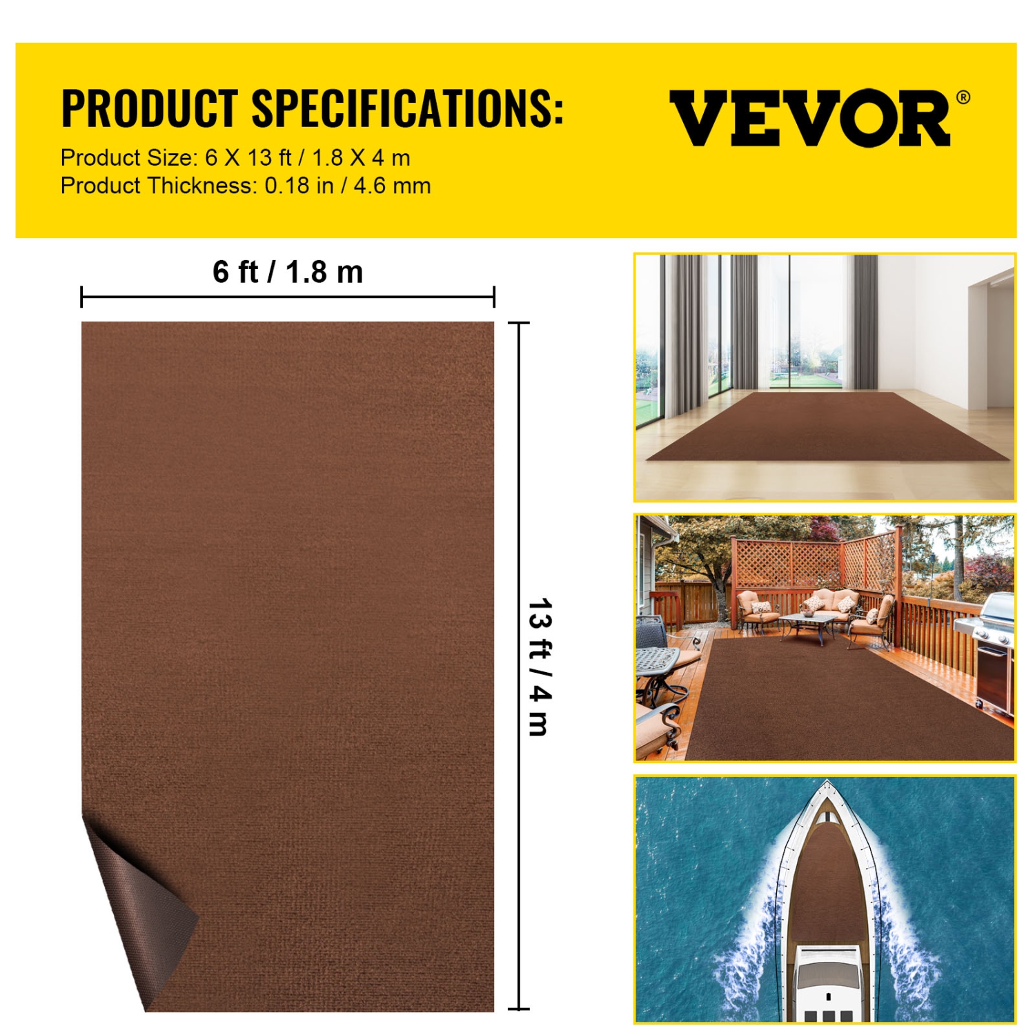 VEVOR 6 x 13 ft Boat Carpeting,Deep Brown Marine Grade Boat Carpet,Indoor/Outdoor Marine Carpeting with Water-Proof TPR Backing,Water-Proof Carpet